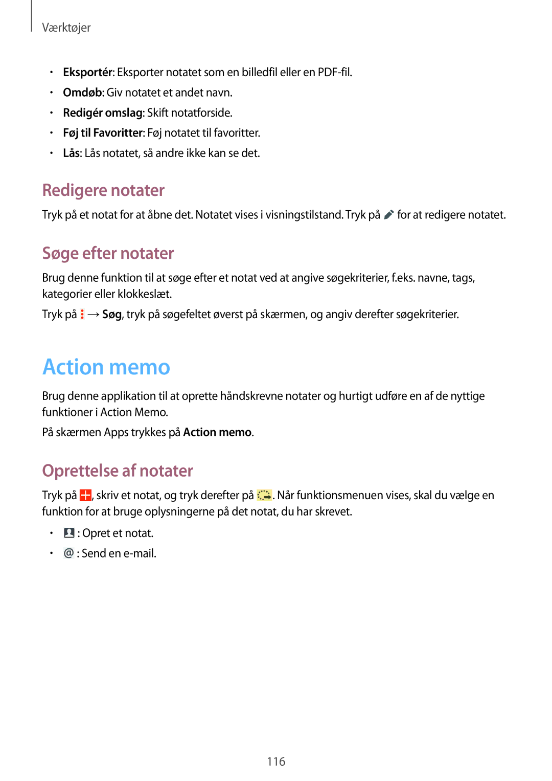 Samsung SM-P9000ZKYNEE, SM-P9000ZWYNEE manual Action memo, Redigere notater, Søge efter notater, Oprettelse af notater 