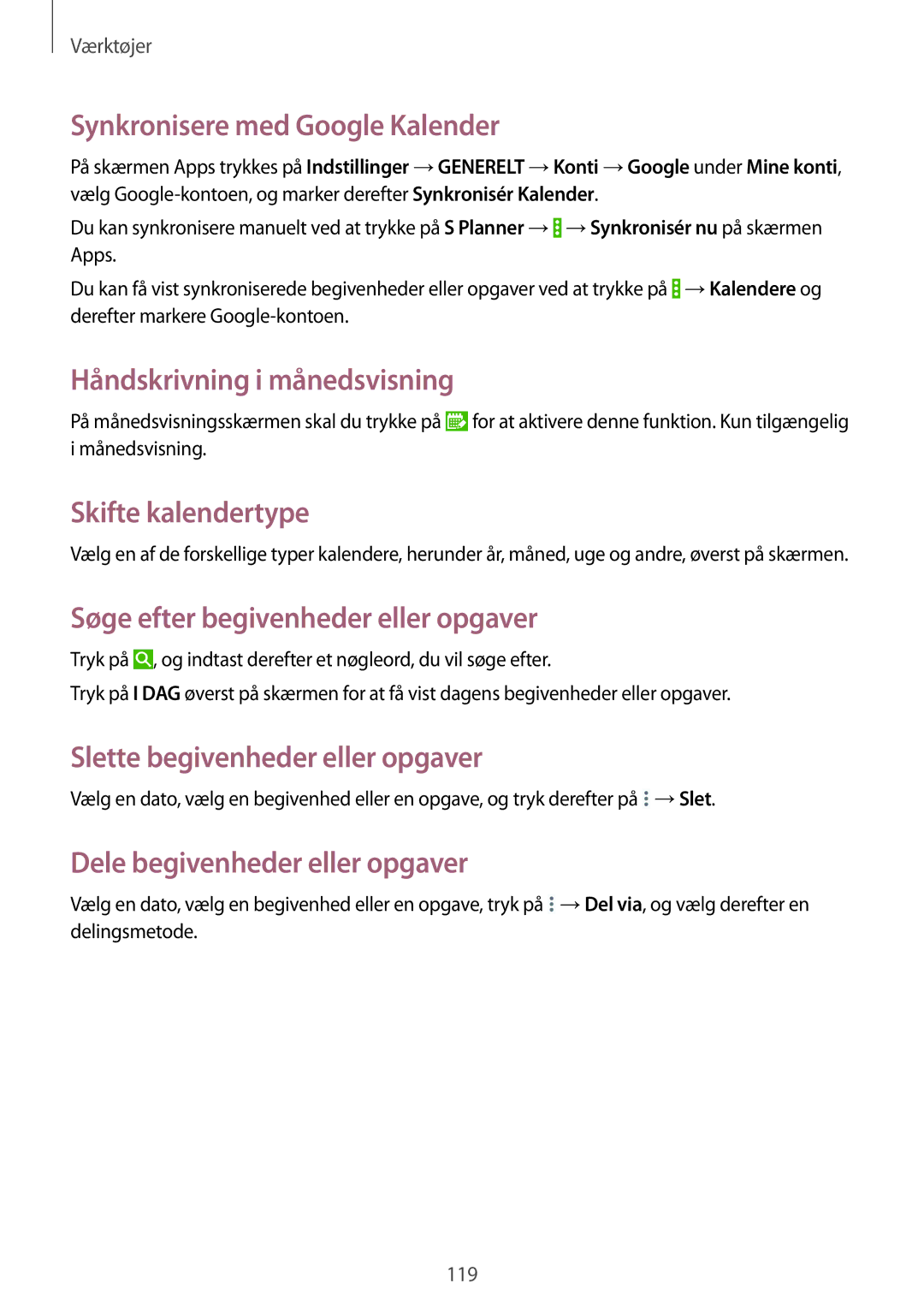 Samsung SM-P9000ZWANEE manual Synkronisere med Google Kalender, Håndskrivning i månedsvisning, Skifte kalendertype 