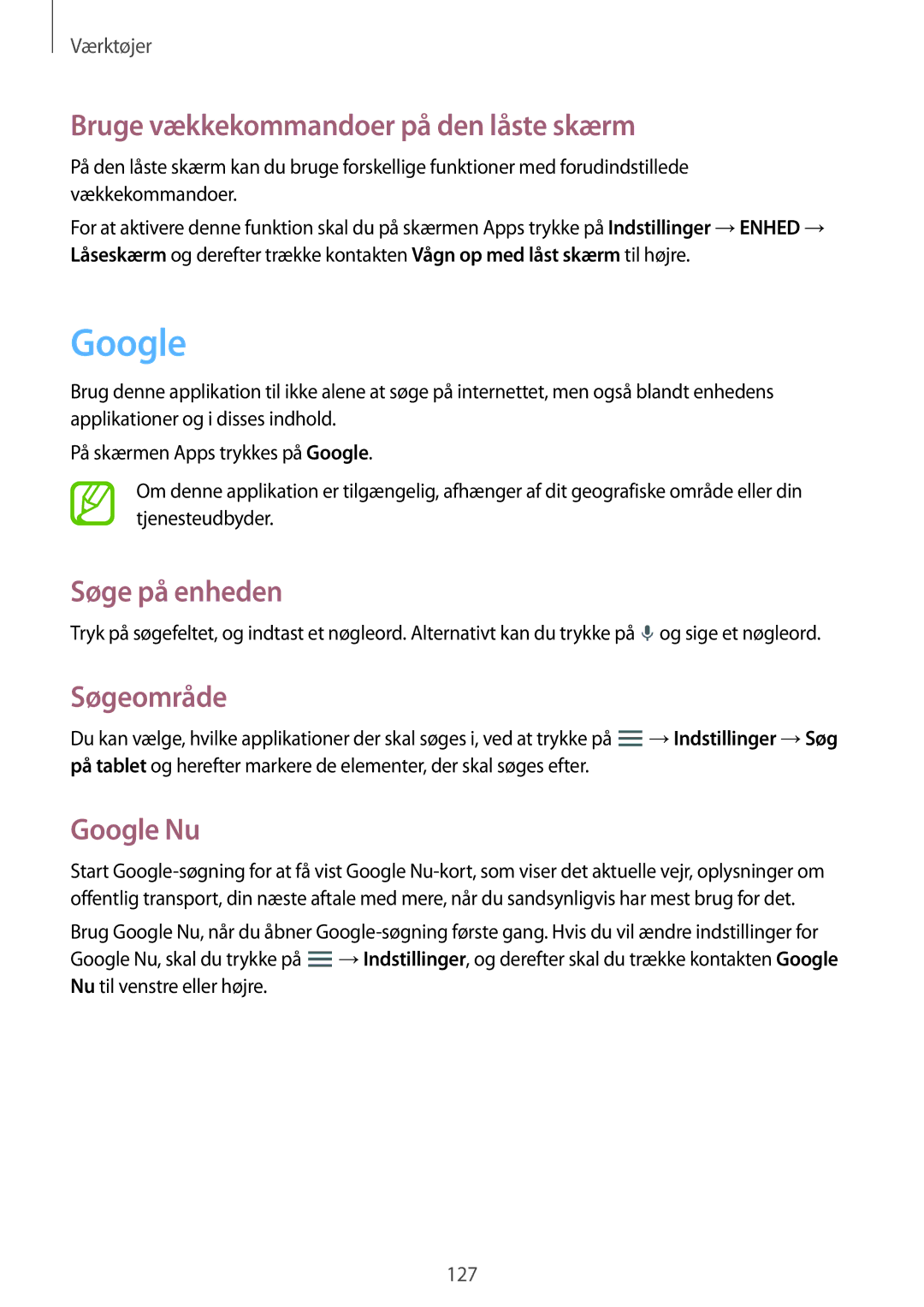 Samsung SM-P9000ZWANEE manual Bruge vækkekommandoer på den låste skærm, Søge på enheden, Søgeområde, Google Nu 