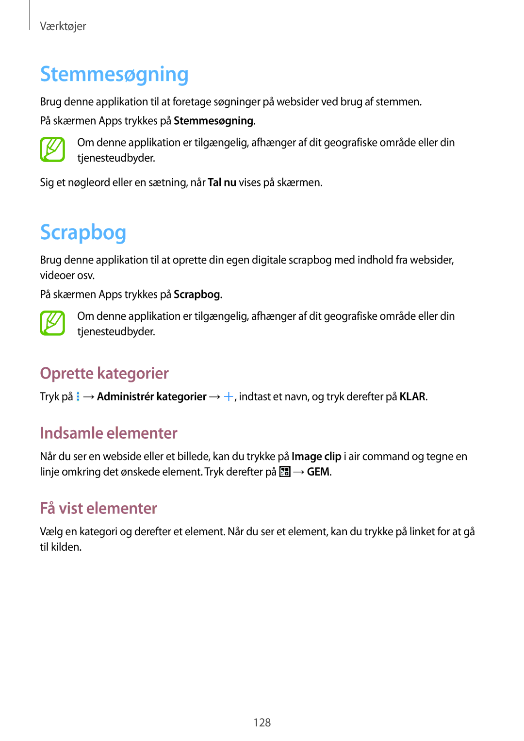 Samsung SM-P9000ZKYNEE, SM-P9000ZWYNEE Stemmesøgning, Scrapbog, Oprette kategorier, Indsamle elementer, Få vist elementer 