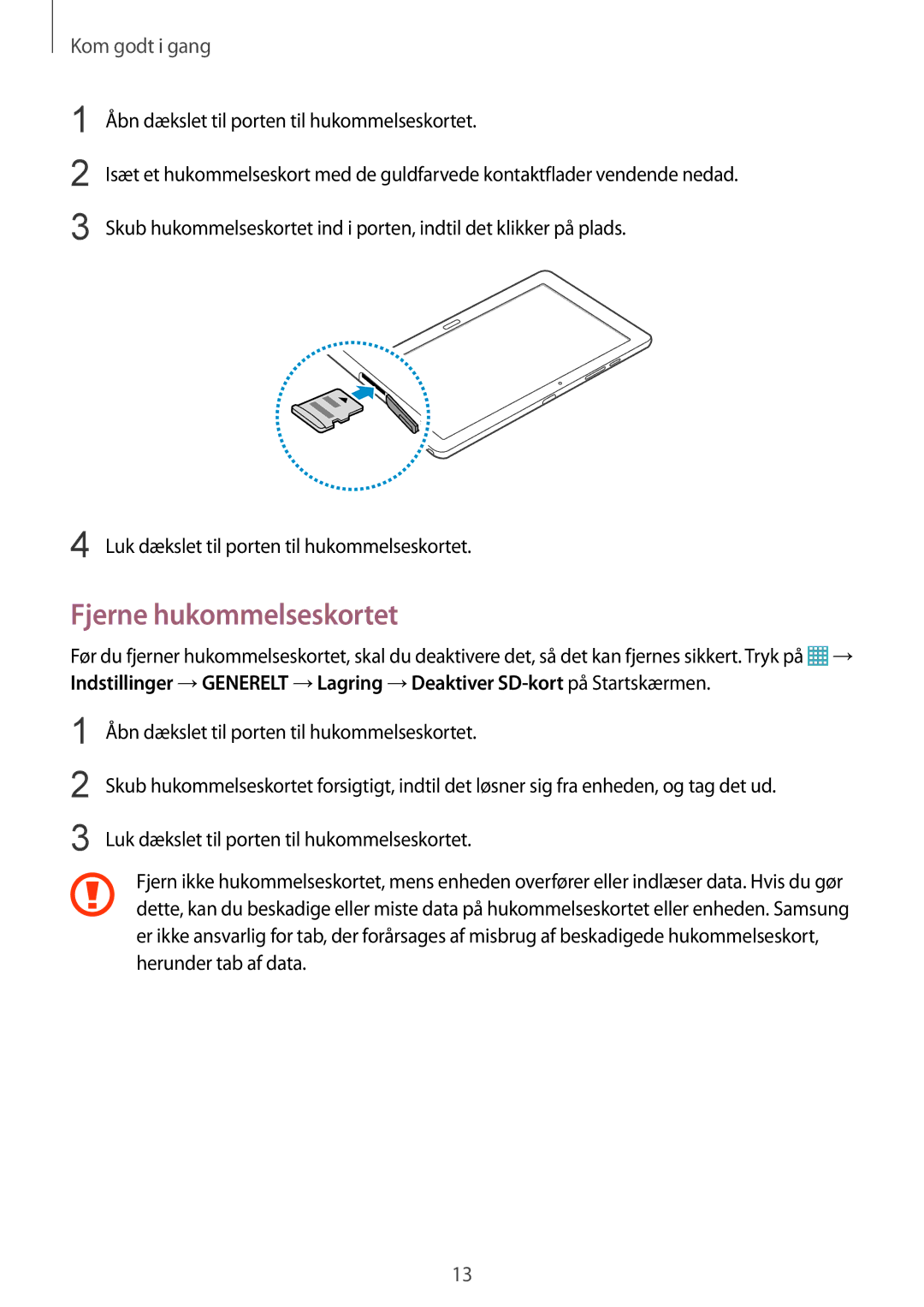 Samsung SM-P9000ZWYNEE, SM-P9000ZKYNEE, SM-P9000ZKANEE, SM-P9000ZWANEE manual Fjerne hukommelseskortet 