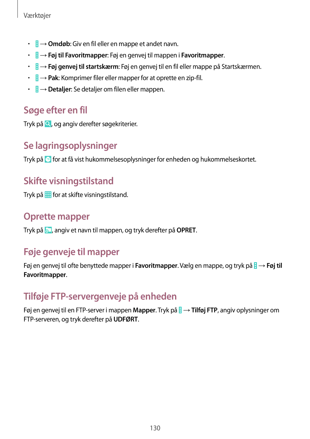 Samsung SM-P9000ZKANEE, SM-P9000ZKYNEE Søge efter en fil, Se lagringsoplysninger, Skifte visningstilstand, Oprette mapper 