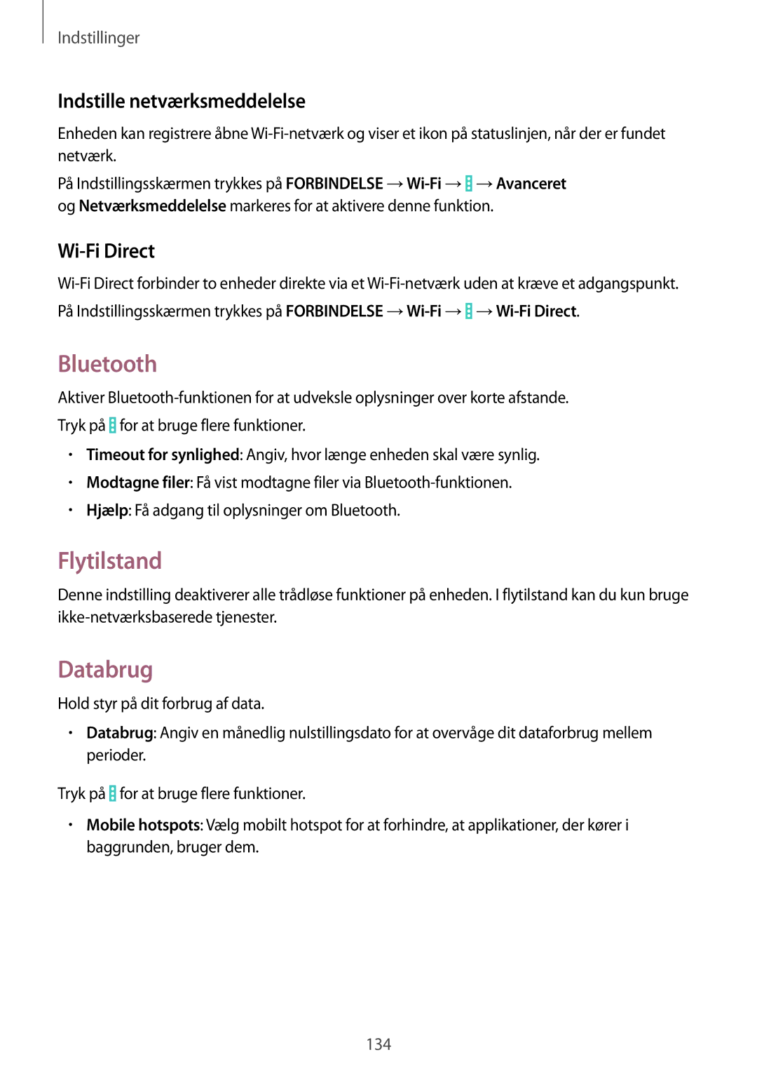 Samsung SM-P9000ZKANEE, SM-P9000ZKYNEE manual Bluetooth, Flytilstand, Databrug, Indstille netværksmeddelelse, Wi-Fi Direct 