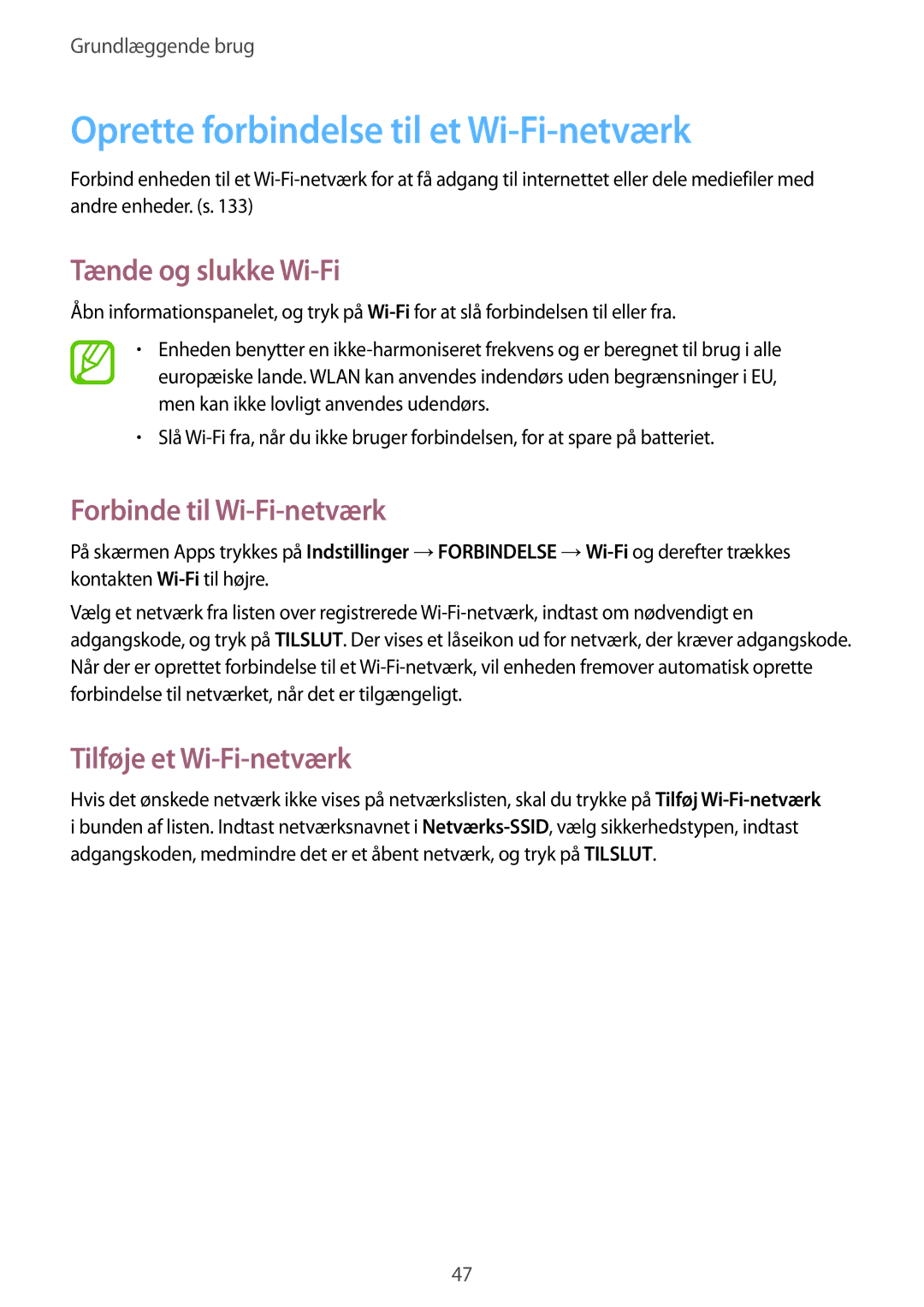 Samsung SM-P9000ZWANEE manual Oprette forbindelse til et Wi-Fi-netværk, Tænde og slukke Wi-Fi, Forbinde til Wi-Fi-netværk 