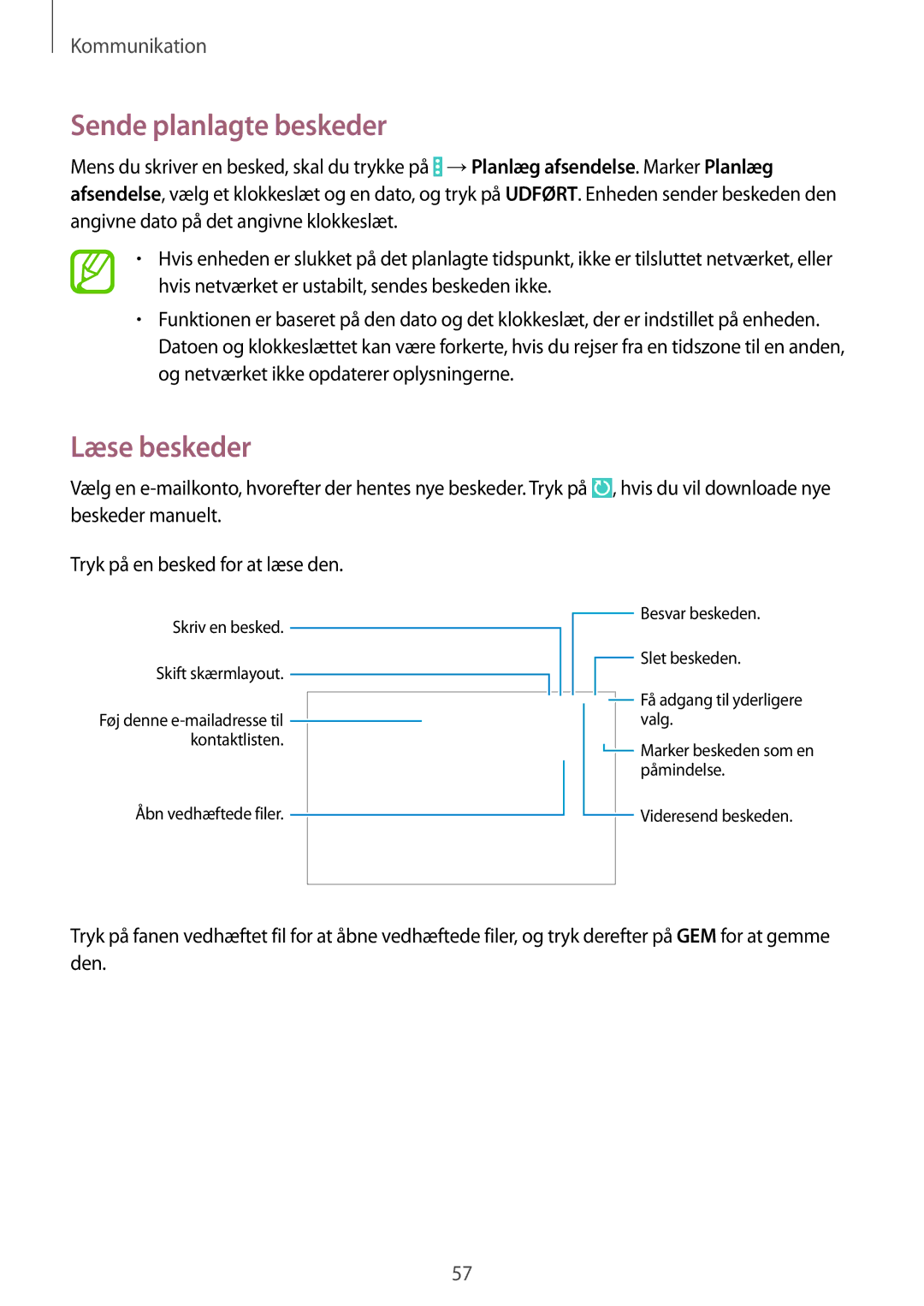 Samsung SM-P9000ZWYNEE, SM-P9000ZKYNEE, SM-P9000ZKANEE, SM-P9000ZWANEE manual Sende planlagte beskeder, Læse beskeder 