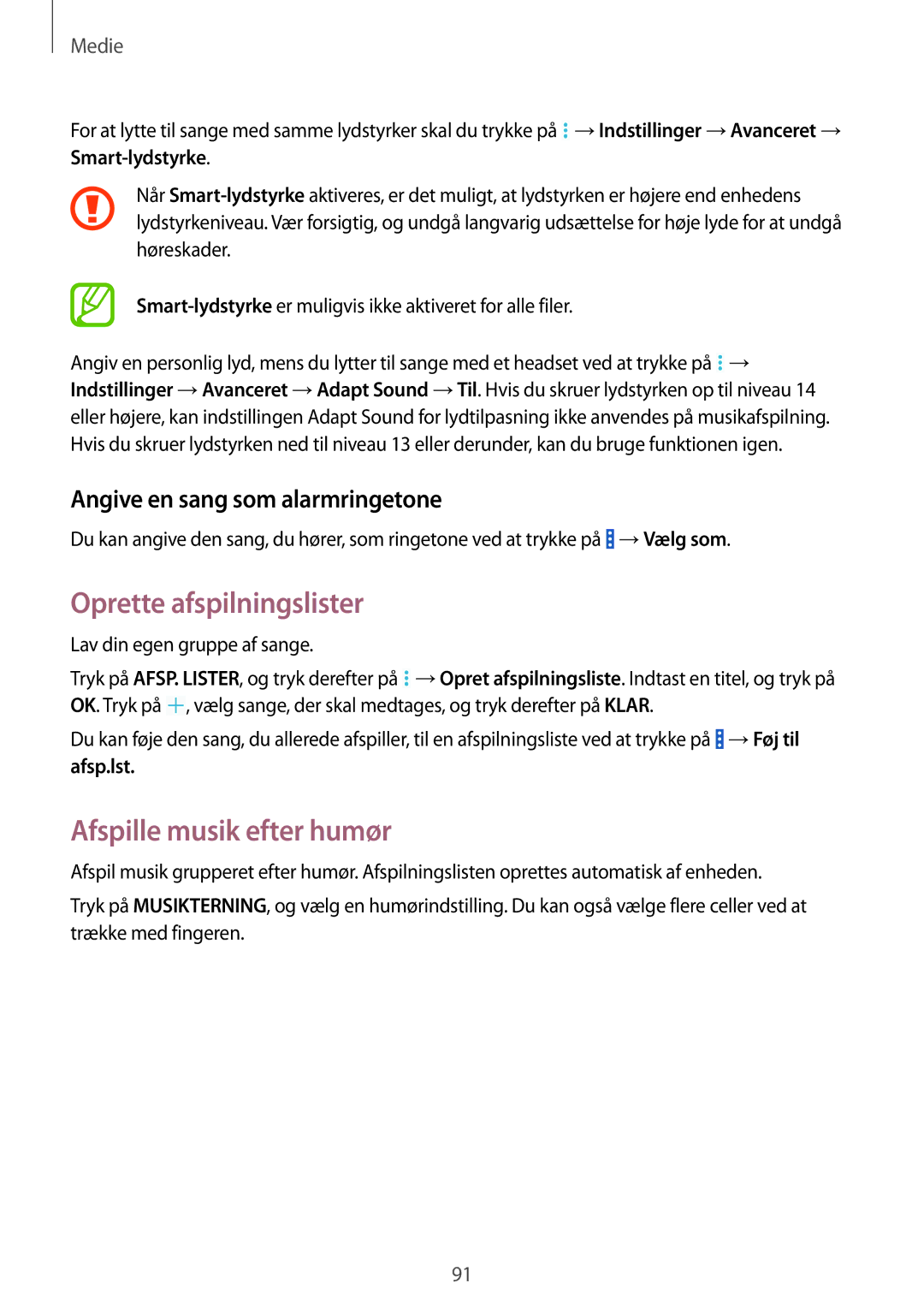 Samsung SM-P9000ZWANEE Oprette afspilningslister, Afspille musik efter humør, Angive en sang som alarmringetone, Afsp.lst 