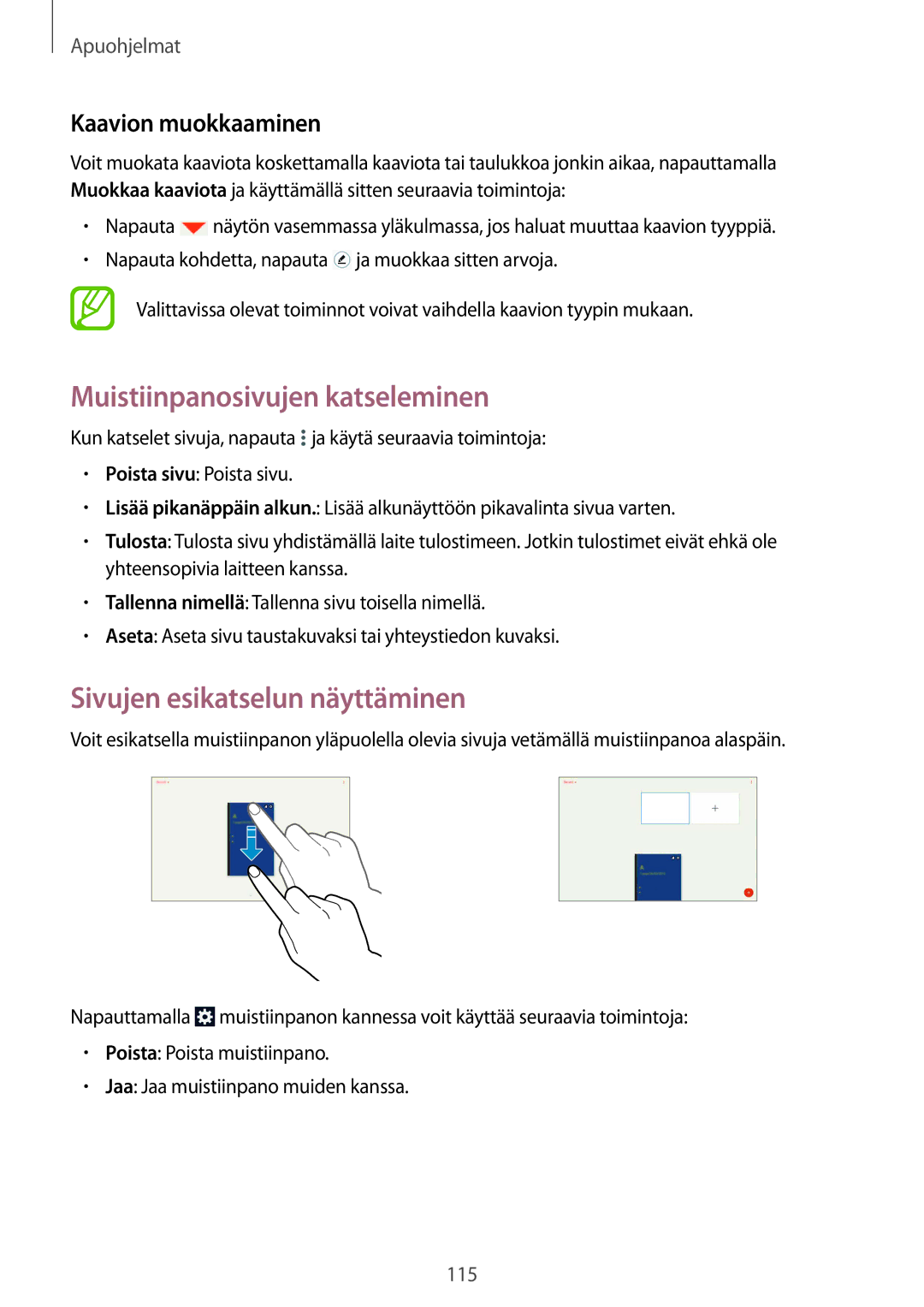 Samsung SM-P9000ZWANEE manual Muistiinpanosivujen katseleminen, Sivujen esikatselun näyttäminen, Kaavion muokkaaminen 