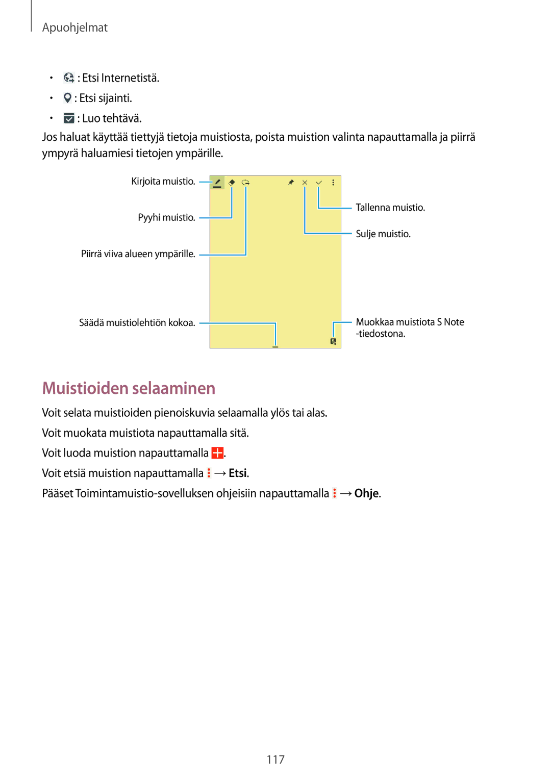 Samsung SM-P9000ZWYNEE, SM-P9000ZKYNEE, SM-P9000ZKANEE, SM-P9000ZWANEE manual Muistioiden selaaminen 