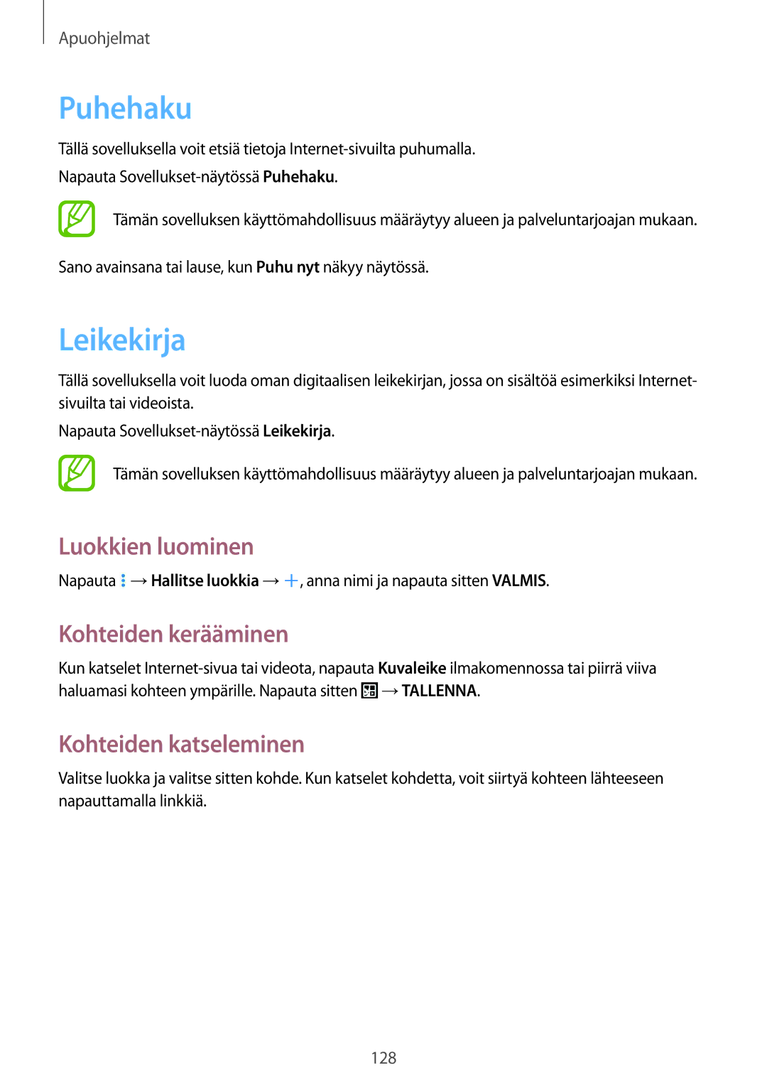 Samsung SM-P9000ZKYNEE manual Puhehaku, Leikekirja, Luokkien luominen, Kohteiden kerääminen, Kohteiden katseleminen 