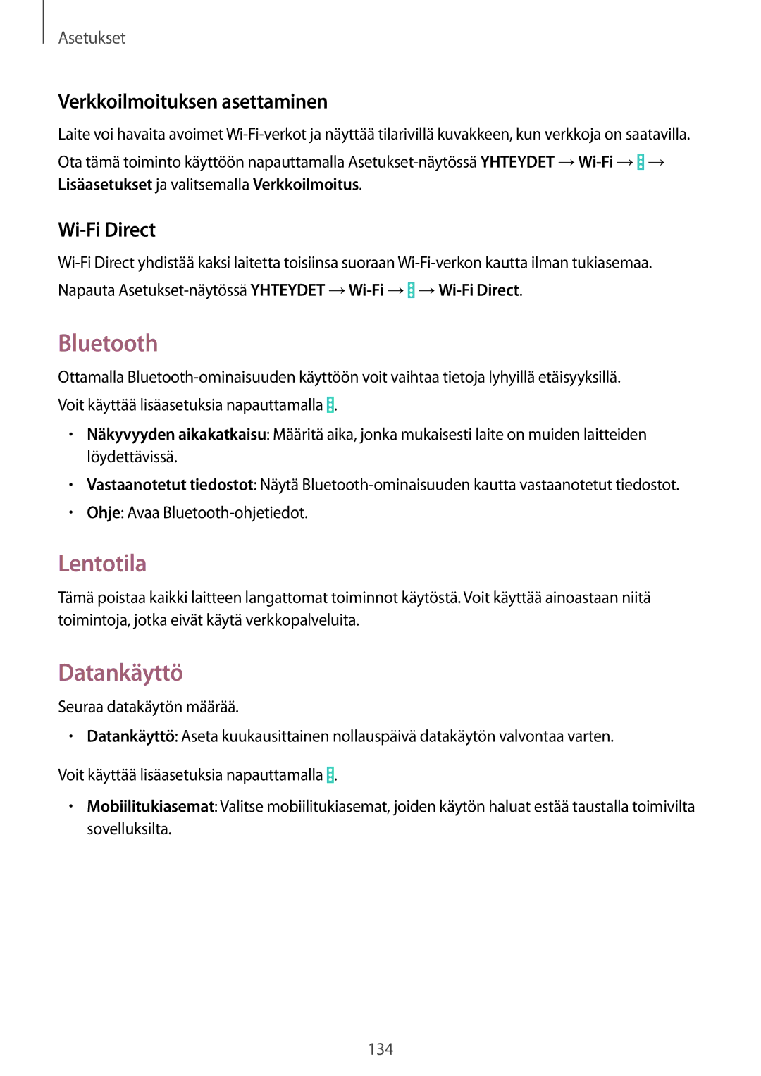 Samsung SM-P9000ZKANEE, SM-P9000ZKYNEE manual Bluetooth, Lentotila, Datankäyttö, Verkkoilmoituksen asettaminen, Wi-Fi Direct 