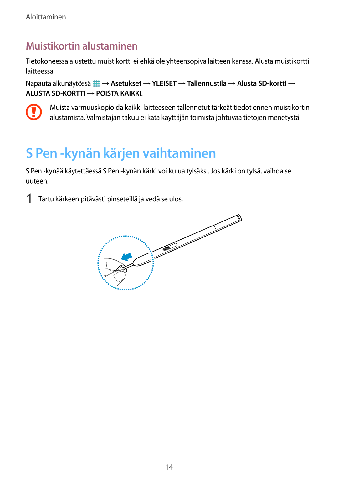 Samsung SM-P9000ZKANEE, SM-P9000ZKYNEE, SM-P9000ZWYNEE manual Pen -kynän kärjen vaihtaminen, Muistikortin alustaminen 