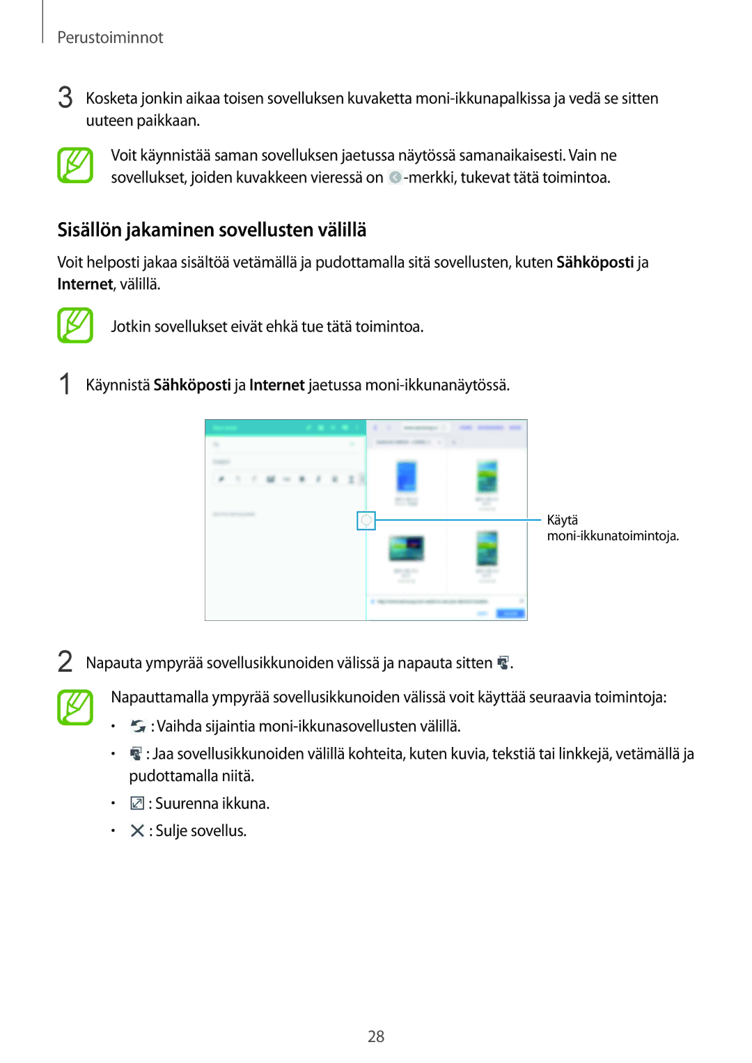 Samsung SM-P9000ZKYNEE, SM-P9000ZWYNEE, SM-P9000ZKANEE, SM-P9000ZWANEE manual Sisällön jakaminen sovellusten välillä 