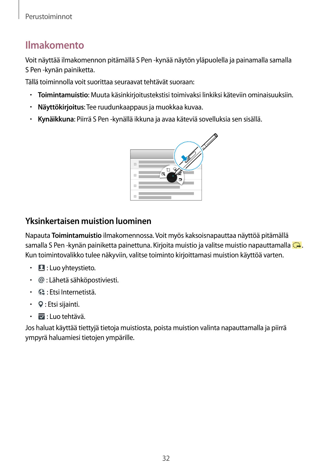 Samsung SM-P9000ZKYNEE, SM-P9000ZWYNEE, SM-P9000ZKANEE, SM-P9000ZWANEE manual Ilmakomento, Yksinkertaisen muistion luominen 