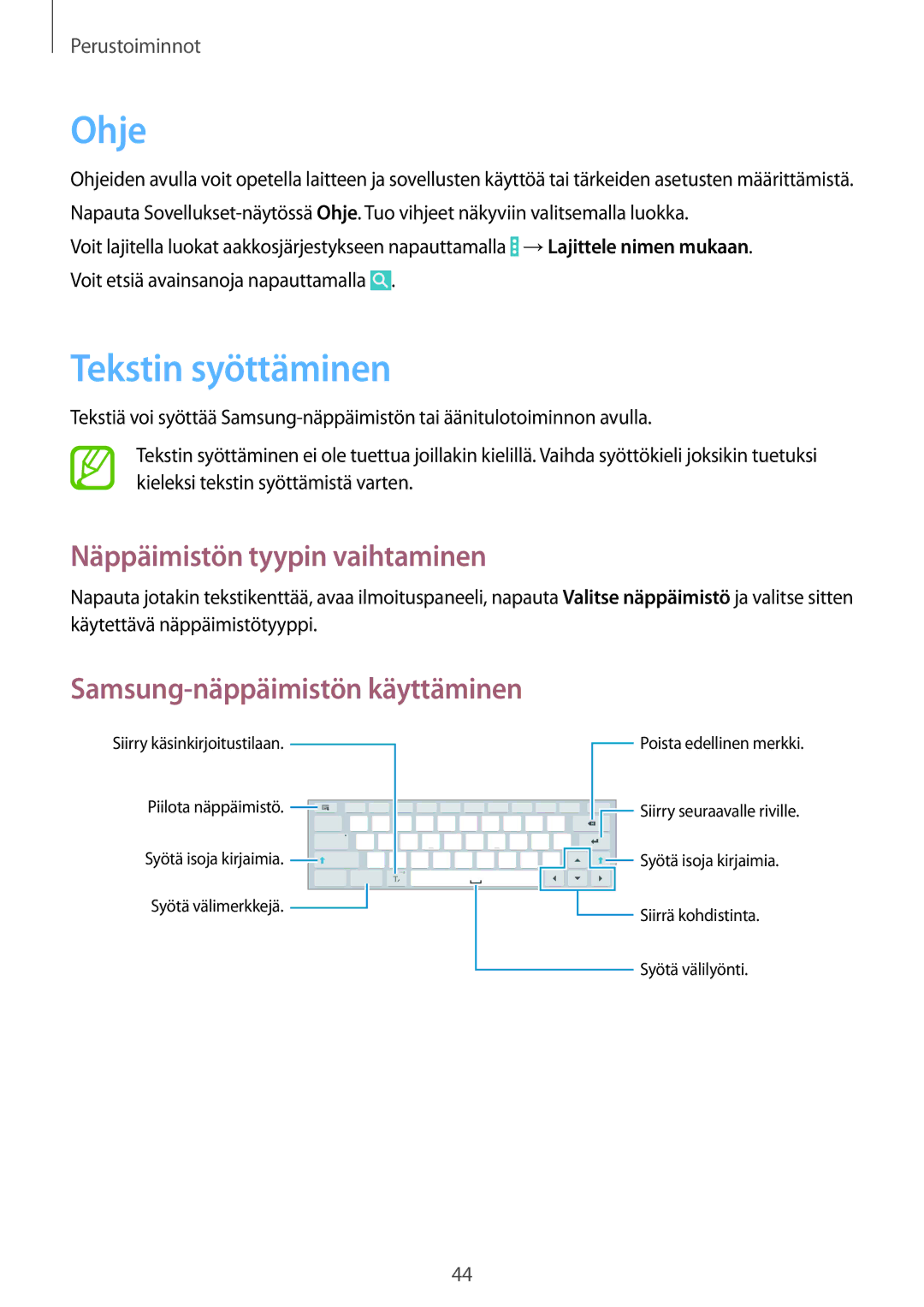 Samsung SM-P9000ZKYNEE, SM-P9000ZWYNEE, SM-P9000ZKANEE manual Ohje, Tekstin syöttäminen, Näppäimistön tyypin vaihtaminen 