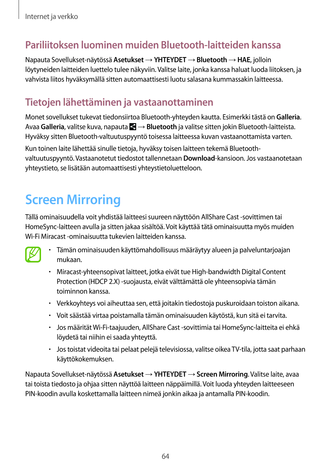 Samsung SM-P9000ZKYNEE, SM-P9000ZWYNEE manual Screen Mirroring, Pariliitoksen luominen muiden Bluetooth-laitteiden kanssa 