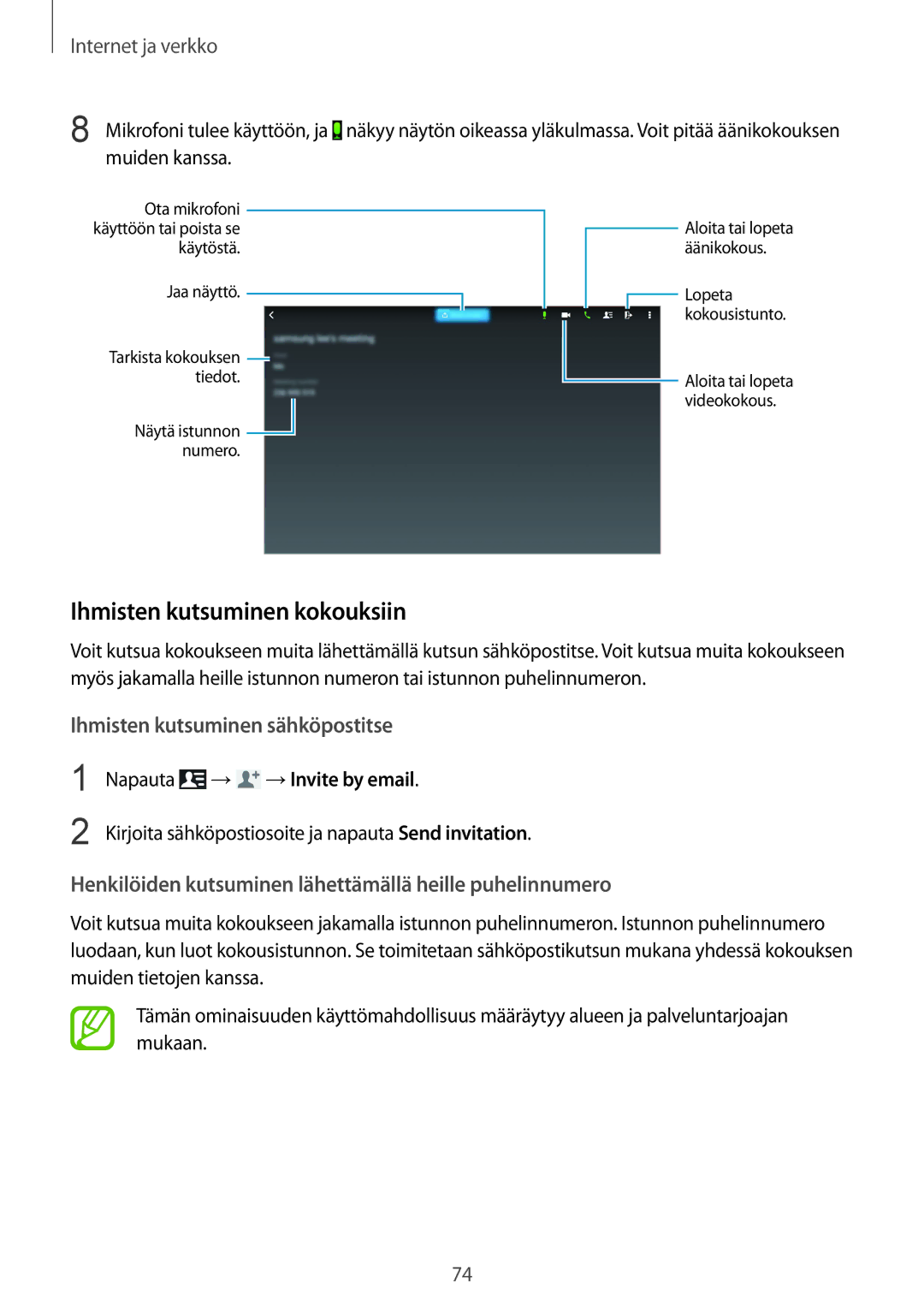 Samsung SM-P9000ZKANEE, SM-P9000ZKYNEE, SM-P9000ZWYNEE manual Ihmisten kutsuminen kokouksiin, Napauta → →Invite by email 