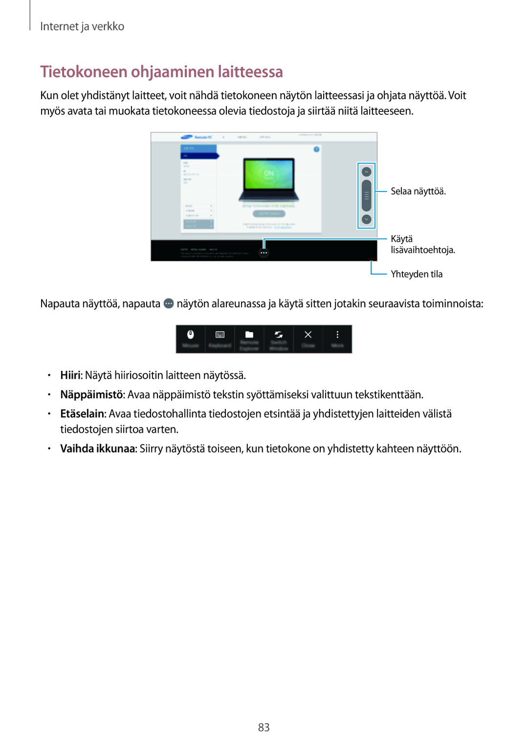 Samsung SM-P9000ZWANEE, SM-P9000ZKYNEE, SM-P9000ZWYNEE, SM-P9000ZKANEE manual Tietokoneen ohjaaminen laitteessa 