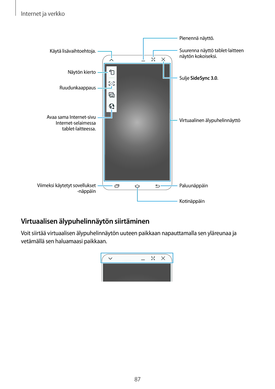 Samsung SM-P9000ZWANEE, SM-P9000ZKYNEE, SM-P9000ZWYNEE, SM-P9000ZKANEE manual Virtuaalisen älypuhelinnäytön siirtäminen 