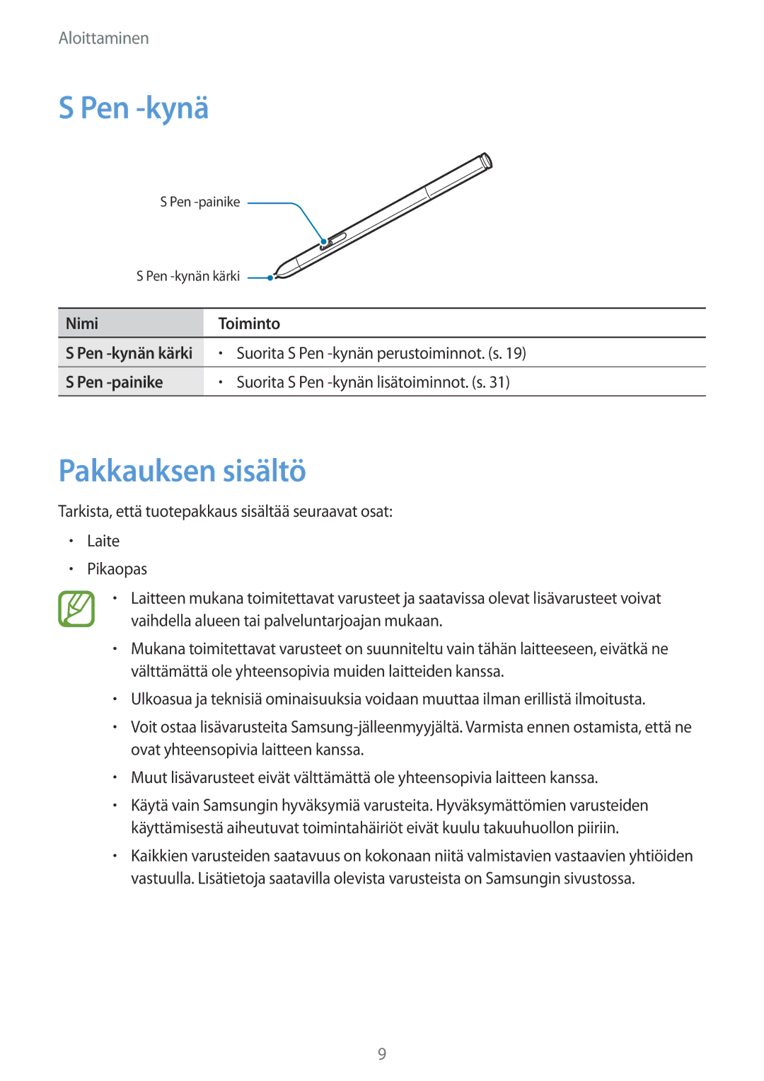 Samsung SM-P9000ZWYNEE, SM-P9000ZKYNEE, SM-P9000ZKANEE manual Pen -kynä, Pakkauksen sisältö, Nimi Toiminto, Pen -painike 