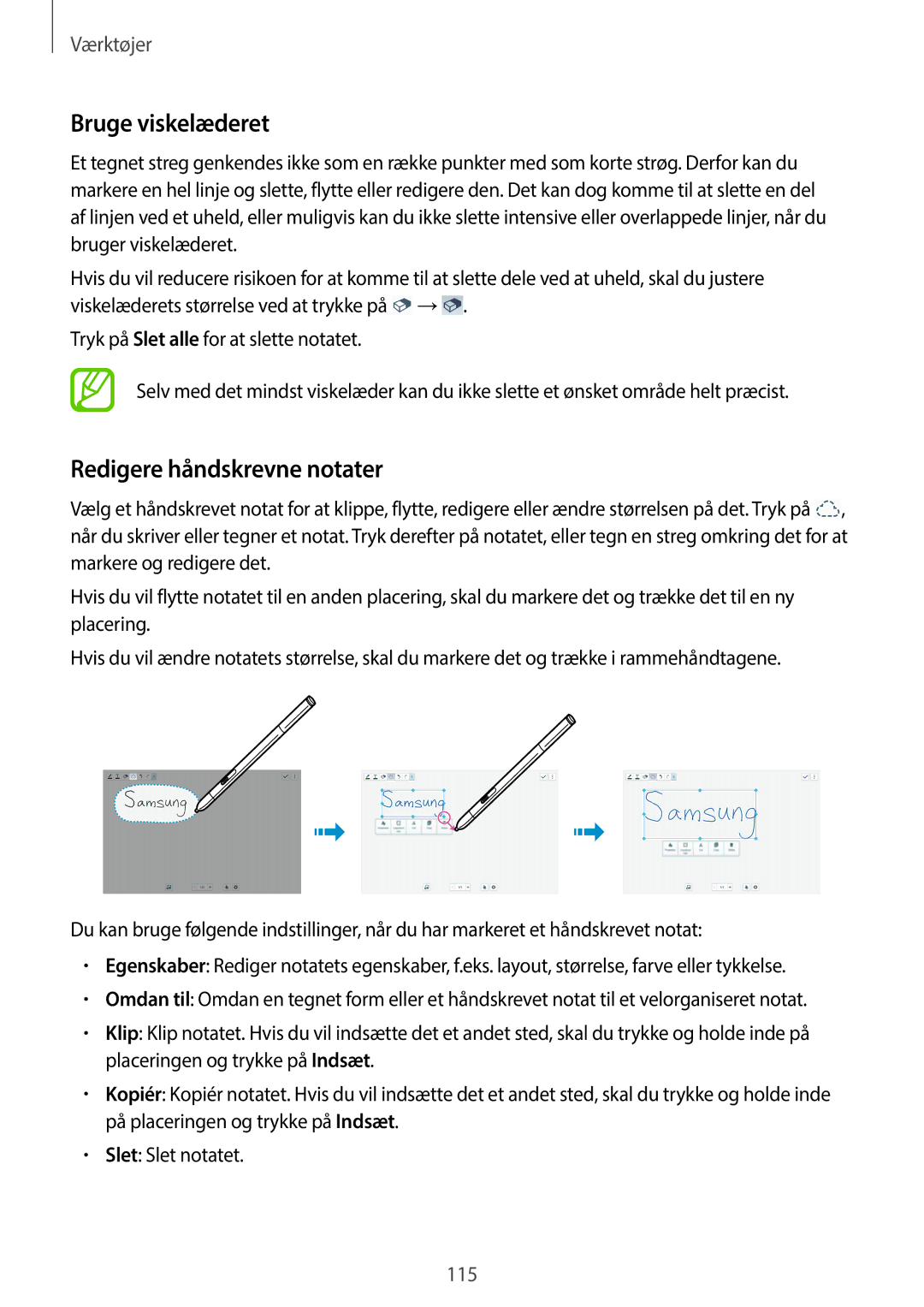 Samsung SM-P9000ZWANEE, SM-P9000ZKYNEE, SM-P9000ZWYNEE, SM-P9000ZKANEE manual Bruge viskelæderet, Redigere håndskrevne notater 