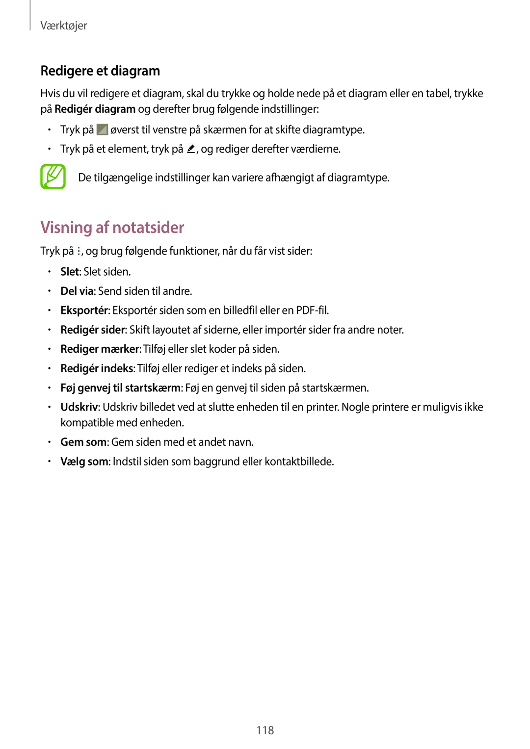 Samsung SM-P9000ZKANEE, SM-P9000ZKYNEE, SM-P9000ZWYNEE, SM-P9000ZWANEE manual Visning af notatsider, Redigere et diagram 