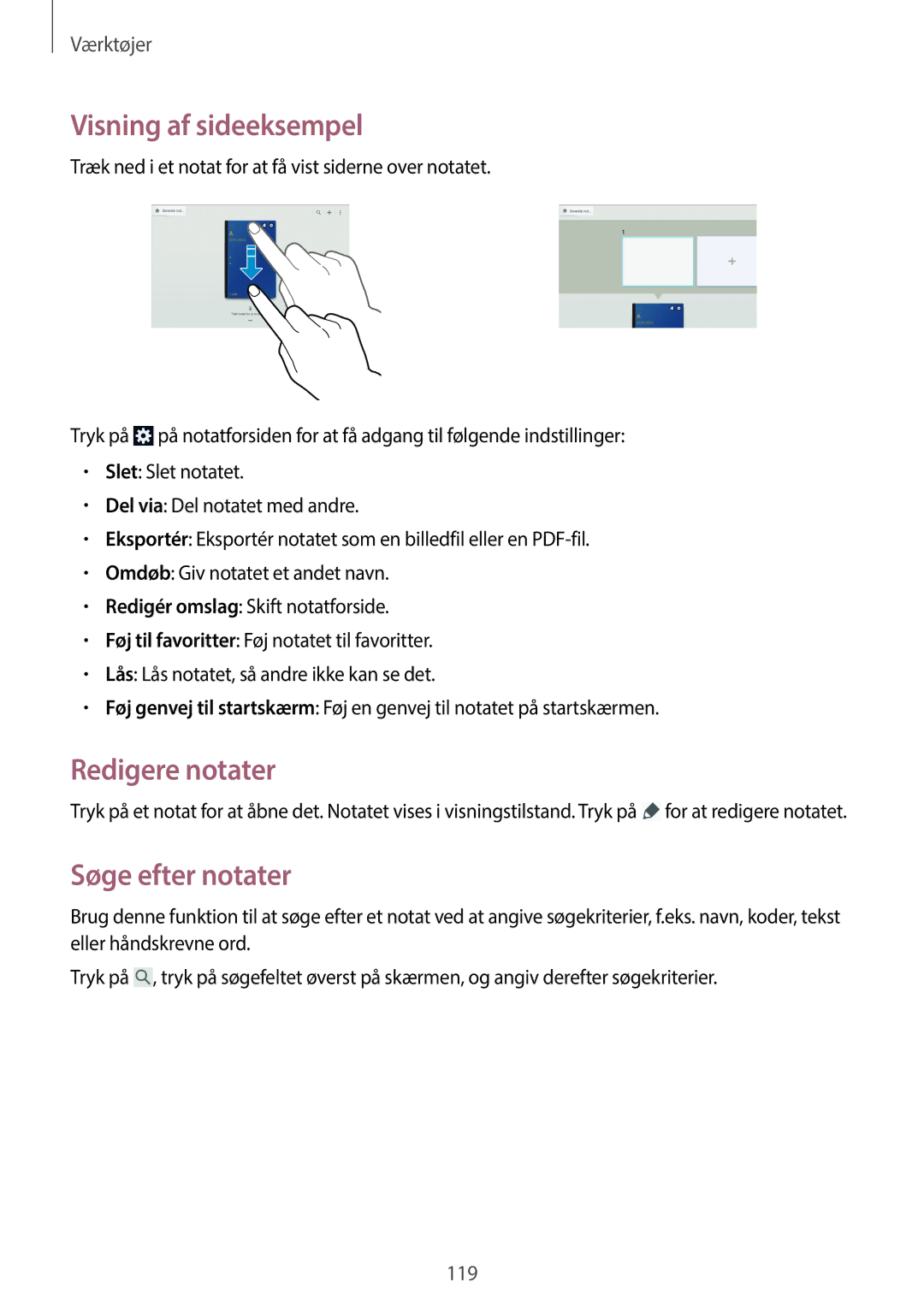 Samsung SM-P9000ZWANEE, SM-P9000ZKYNEE, SM-P9000ZWYNEE manual Visning af sideeksempel, Redigere notater, Søge efter notater 