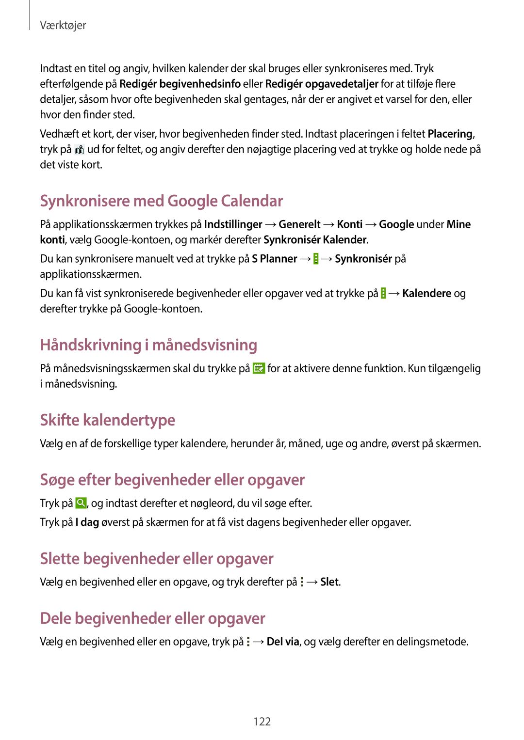 Samsung SM-P9000ZKANEE manual Synkronisere med Google Calendar, Håndskrivning i månedsvisning, Skifte kalendertype 