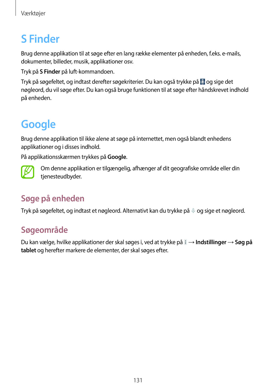 Samsung SM-P9000ZWANEE, SM-P9000ZKYNEE, SM-P9000ZWYNEE, SM-P9000ZKANEE manual Finder, Google, Søge på enheden, Søgeområde 