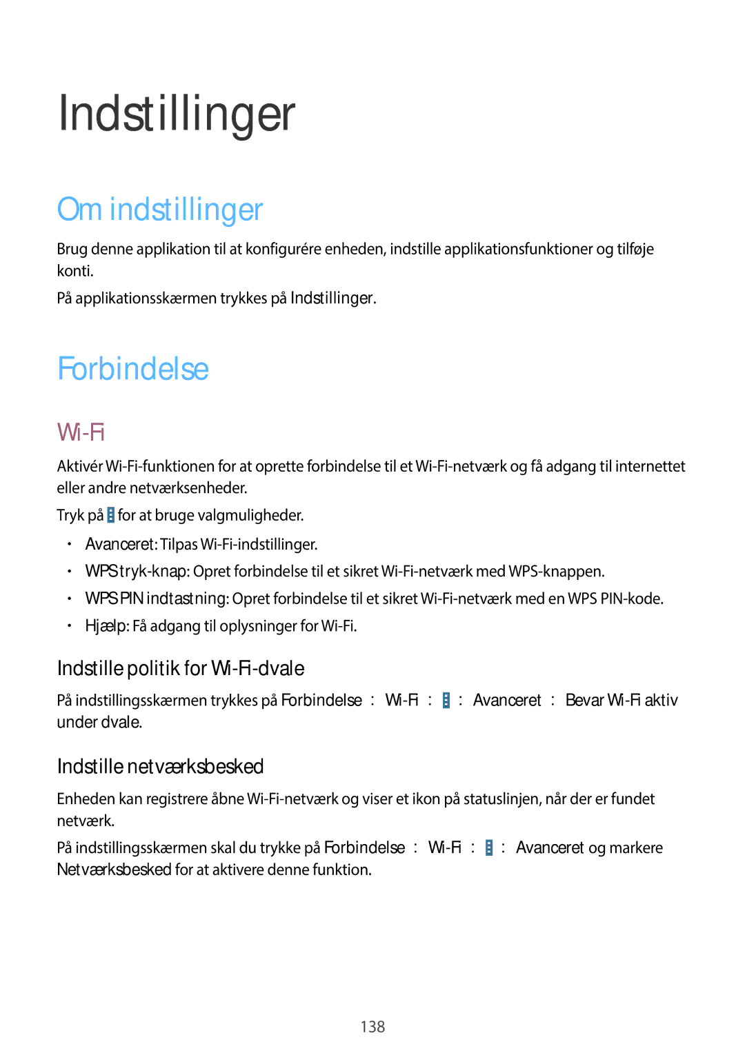 Samsung SM-P9000ZKANEE Om indstillinger, Forbindelse, Indstille politik for Wi-Fi-dvale, Indstille netværksbesked 