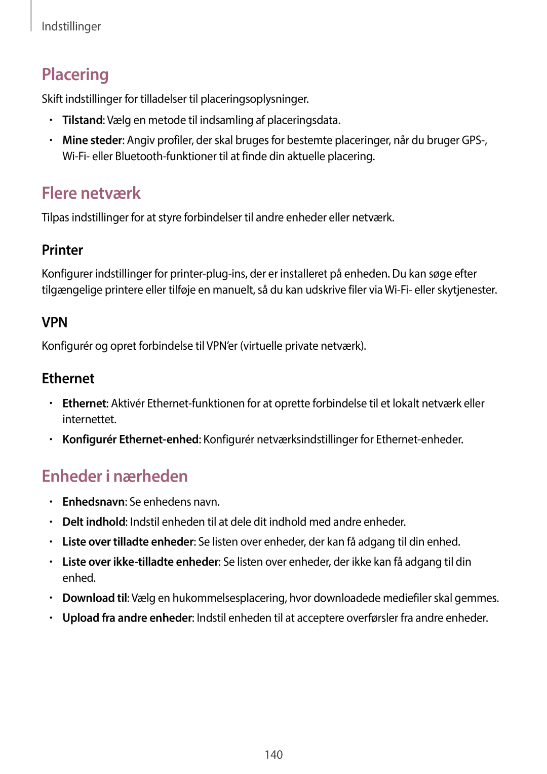 Samsung SM-P9000ZKYNEE, SM-P9000ZWYNEE, SM-P9000ZKANEE manual Placering, Flere netværk, Enheder i nærheden, Printer, Ethernet 