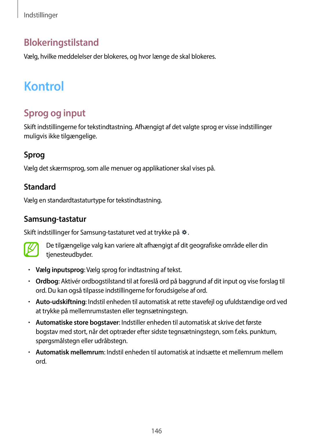 Samsung SM-P9000ZKANEE, SM-P9000ZKYNEE, SM-P9000ZWYNEE, SM-P9000ZWANEE manual Kontrol, Blokeringstilstand, Sprog og input 