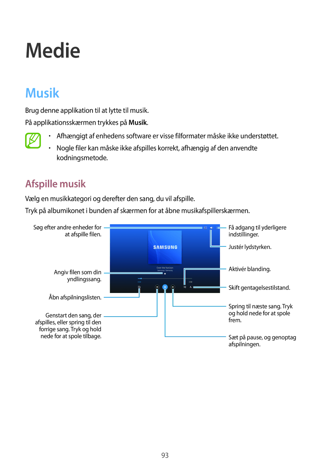 Samsung SM-P9000ZWYNEE, SM-P9000ZKYNEE, SM-P9000ZKANEE, SM-P9000ZWANEE manual Musik, Afspille musik 