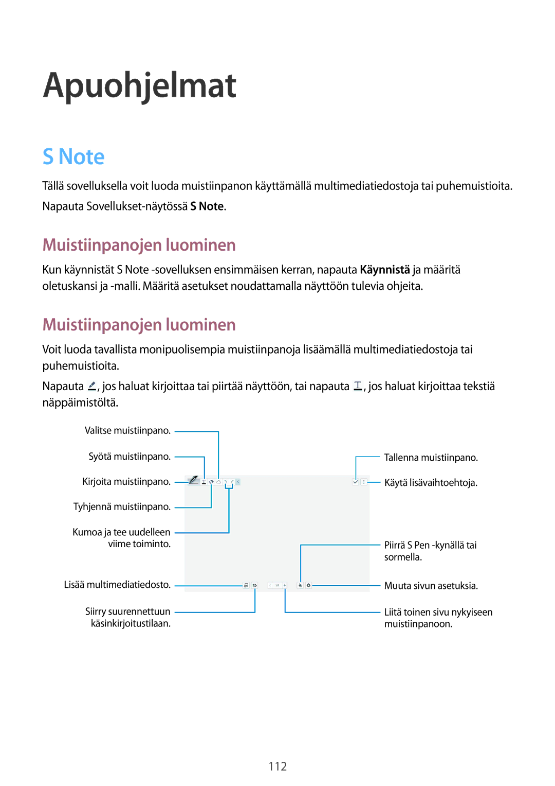 Samsung SM-P9000ZKYNEE, SM-P9000ZWYNEE, SM-P9000ZKANEE, SM-P9000ZWANEE manual Apuohjelmat, Muistiinpanojen luominen 