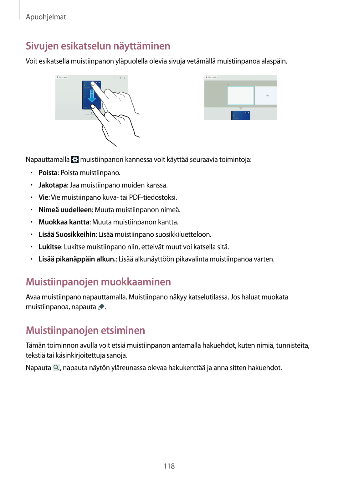 Samsung SM-P9000ZKANEE manual Sivujen esikatselun näyttäminen, Muistiinpanojen muokkaaminen, Muistiinpanojen etsiminen 