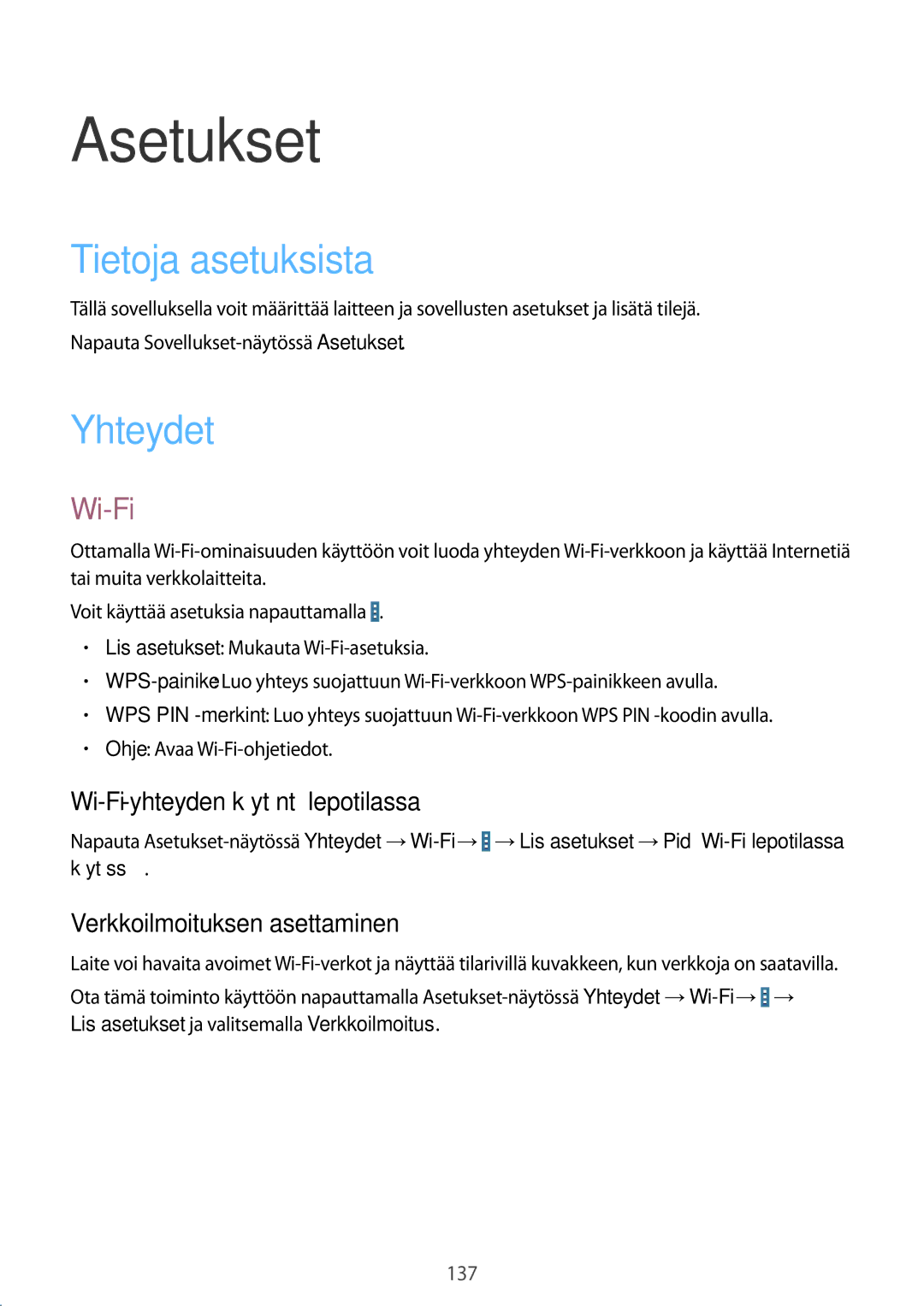 Samsung SM-P9000ZWYNEE, SM-P9000ZKYNEE, SM-P9000ZKANEE, SM-P9000ZWANEE manual Asetukset, Tietoja asetuksista, Yhteydet, Wi-Fi 