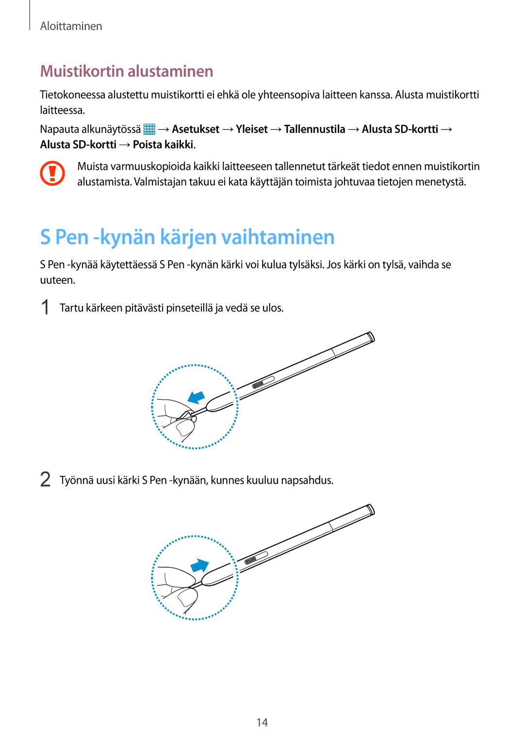 Samsung SM-P9000ZKANEE, SM-P9000ZKYNEE, SM-P9000ZWYNEE manual Pen -kynän kärjen vaihtaminen, Muistikortin alustaminen 