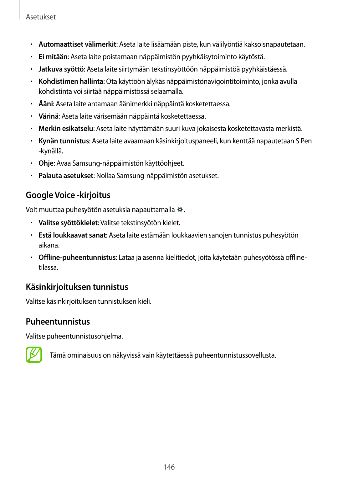 Samsung SM-P9000ZKANEE, SM-P9000ZKYNEE manual Google Voice -kirjoitus, Käsinkirjoituksen tunnistus, Puheentunnistus 