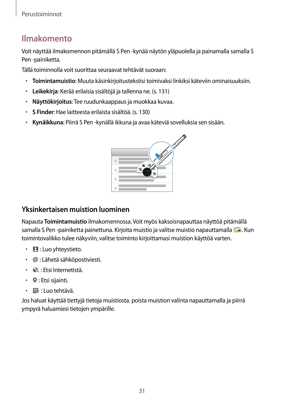 Samsung SM-P9000ZWANEE, SM-P9000ZKYNEE, SM-P9000ZWYNEE, SM-P9000ZKANEE manual Ilmakomento, Yksinkertaisen muistion luominen 