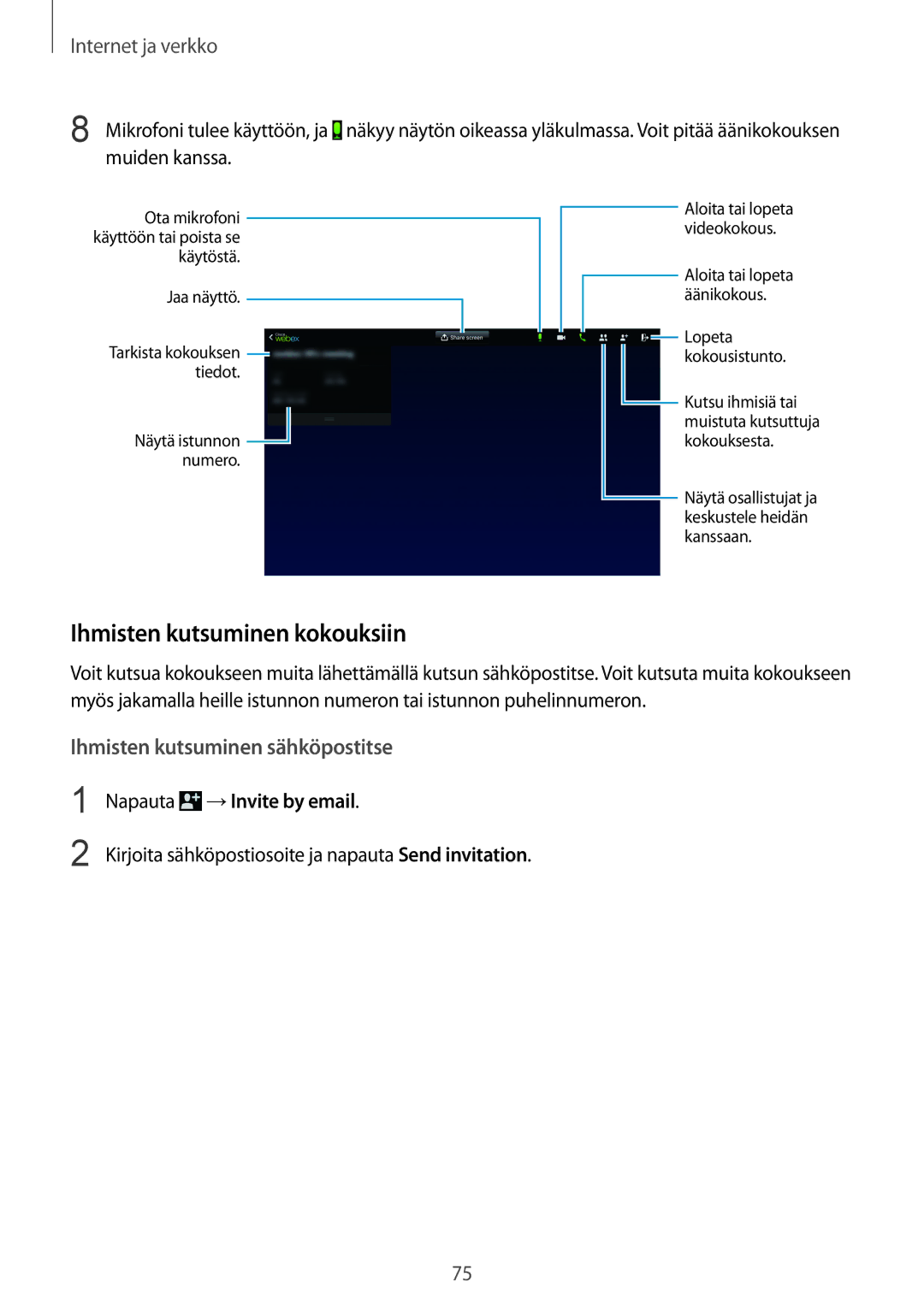 Samsung SM-P9000ZWANEE, SM-P9000ZKYNEE, SM-P9000ZWYNEE manual Ihmisten kutsuminen kokouksiin, Napauta →Invite by email 