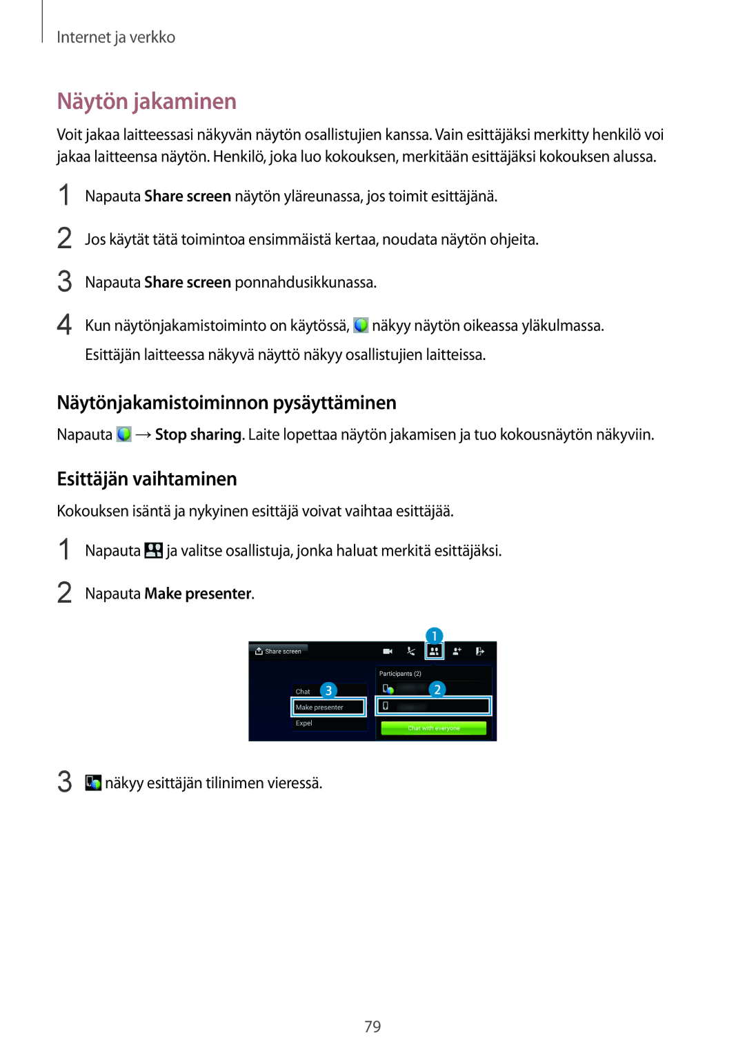 Samsung SM-P9000ZWANEE, SM-P9000ZKYNEE manual Näytön jakaminen, Näytönjakamistoiminnon pysäyttäminen, Esittäjän vaihtaminen 