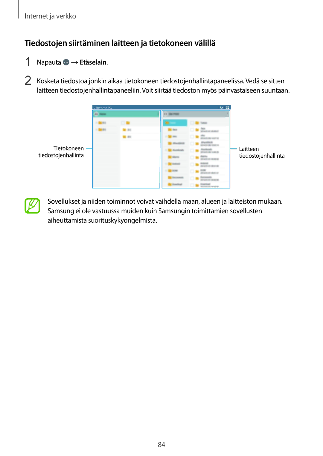 Samsung SM-P9000ZKYNEE, SM-P9000ZWYNEE manual Tiedostojen siirtäminen laitteen ja tietokoneen välillä, Napauta →Etäselain 