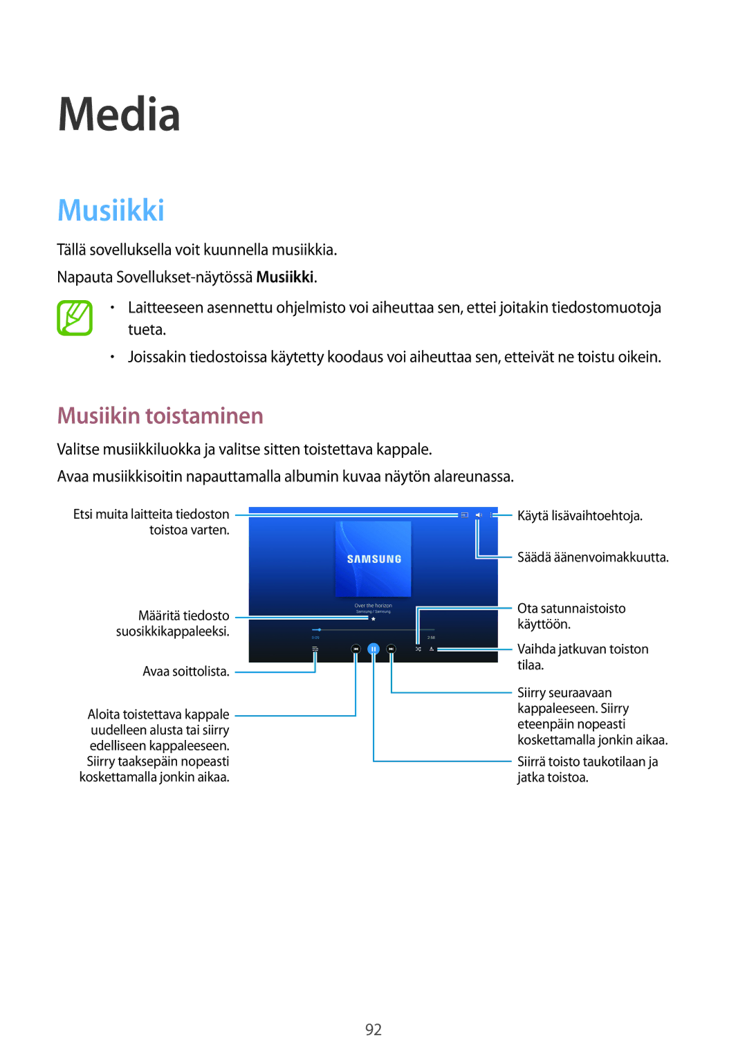 Samsung SM-P9000ZKYNEE, SM-P9000ZWYNEE, SM-P9000ZKANEE, SM-P9000ZWANEE manual Media, Musiikki, Musiikin toistaminen 