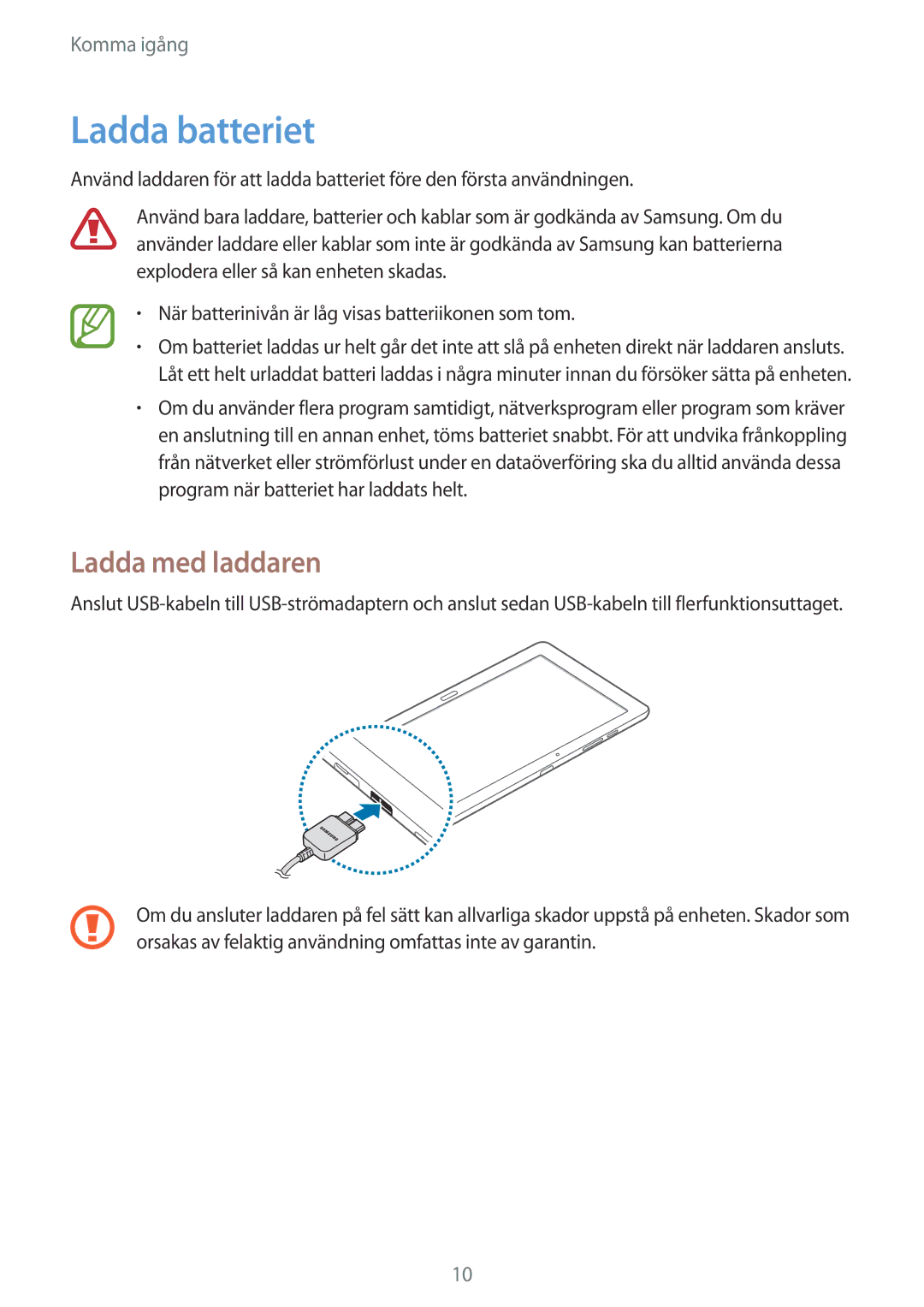 Samsung SM-P9000ZKANEE, SM-P9000ZKYNEE, SM-P9000ZWYNEE, SM-P9000ZWANEE manual Ladda batteriet, Ladda med laddaren 