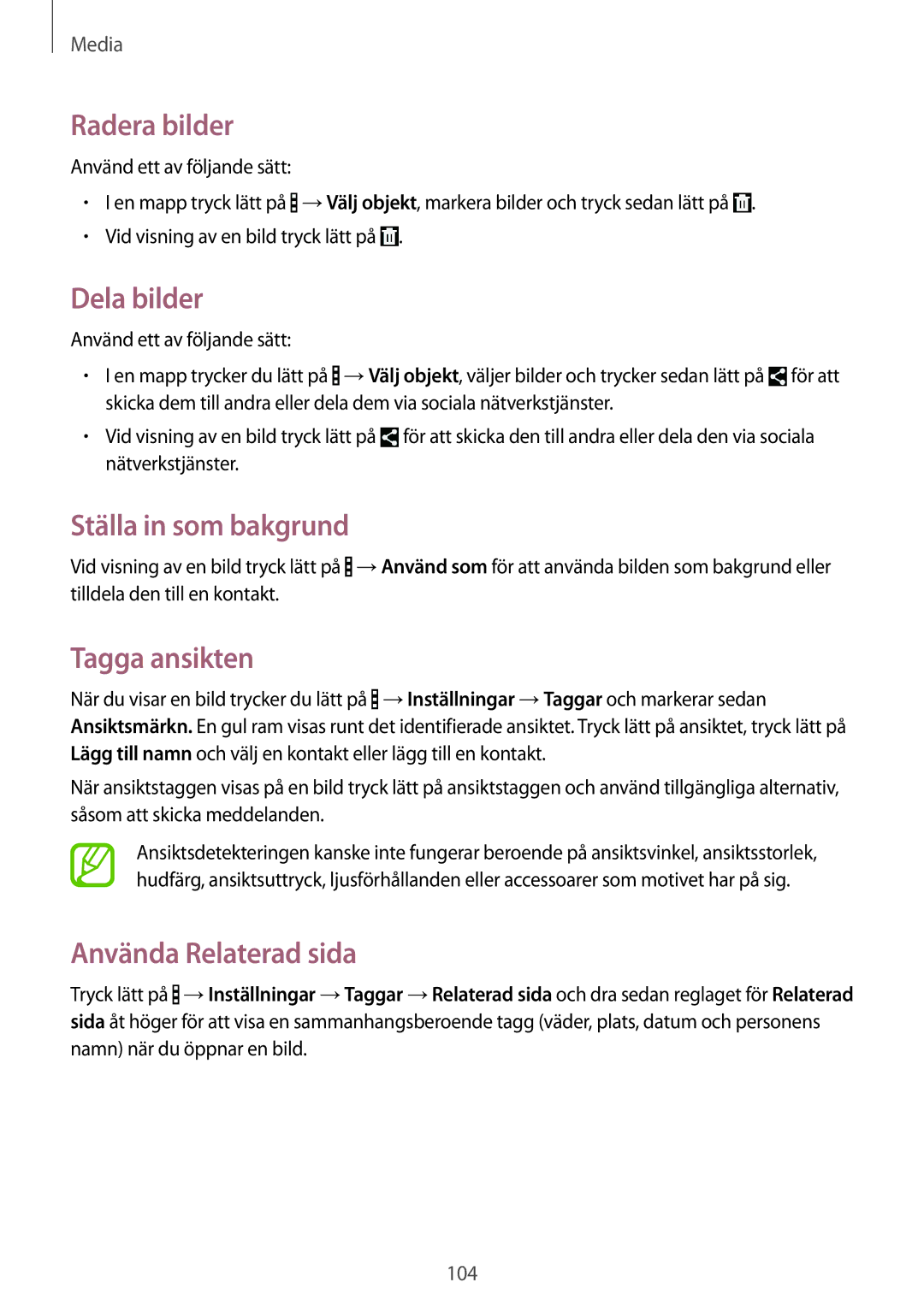 Samsung SM-P9000ZKYNEE manual Radera bilder, Dela bilder, Ställa in som bakgrund, Tagga ansikten, Använda Relaterad sida 