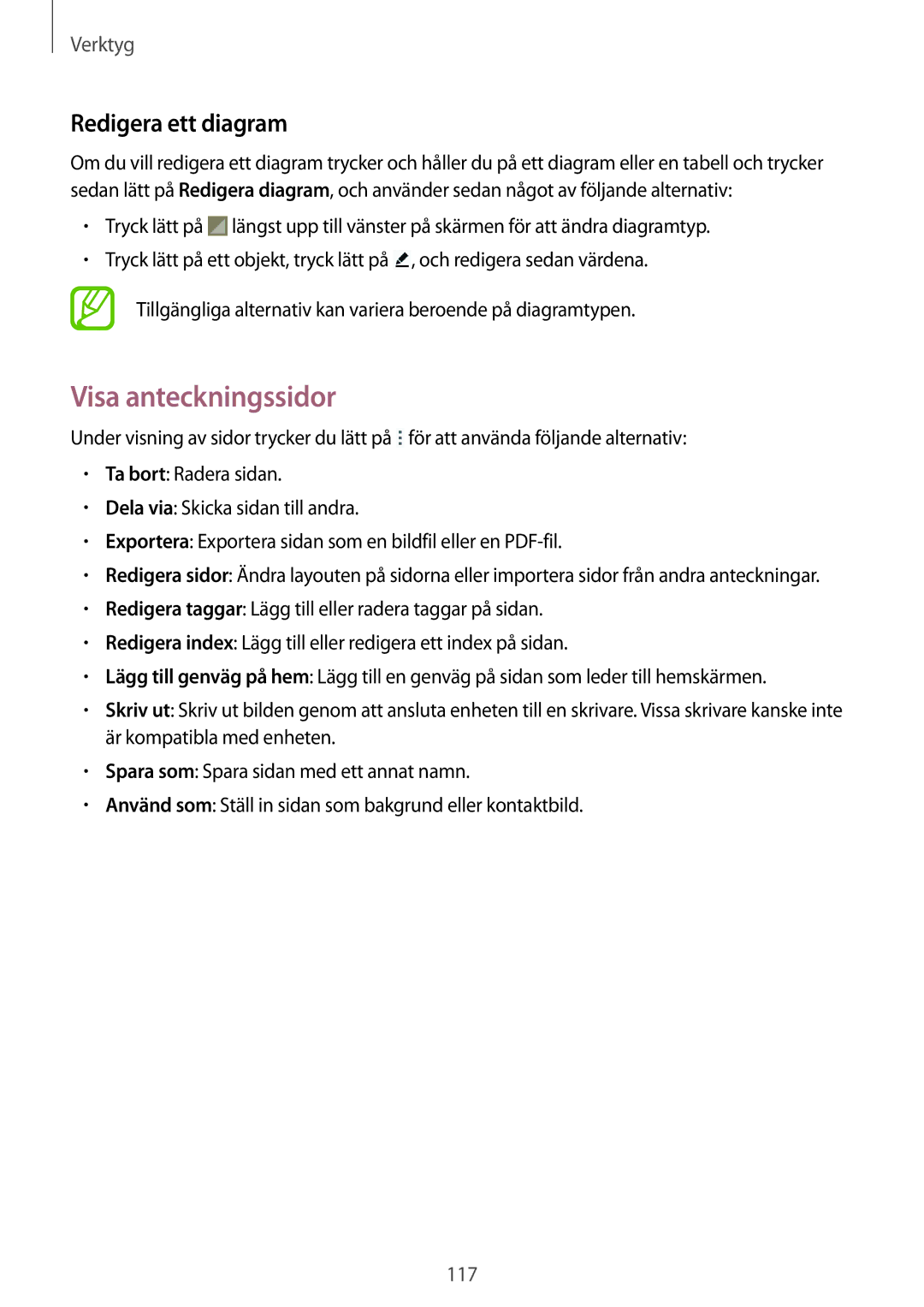 Samsung SM-P9000ZWYNEE, SM-P9000ZKYNEE, SM-P9000ZKANEE, SM-P9000ZWANEE manual Visa anteckningssidor, Redigera ett diagram 