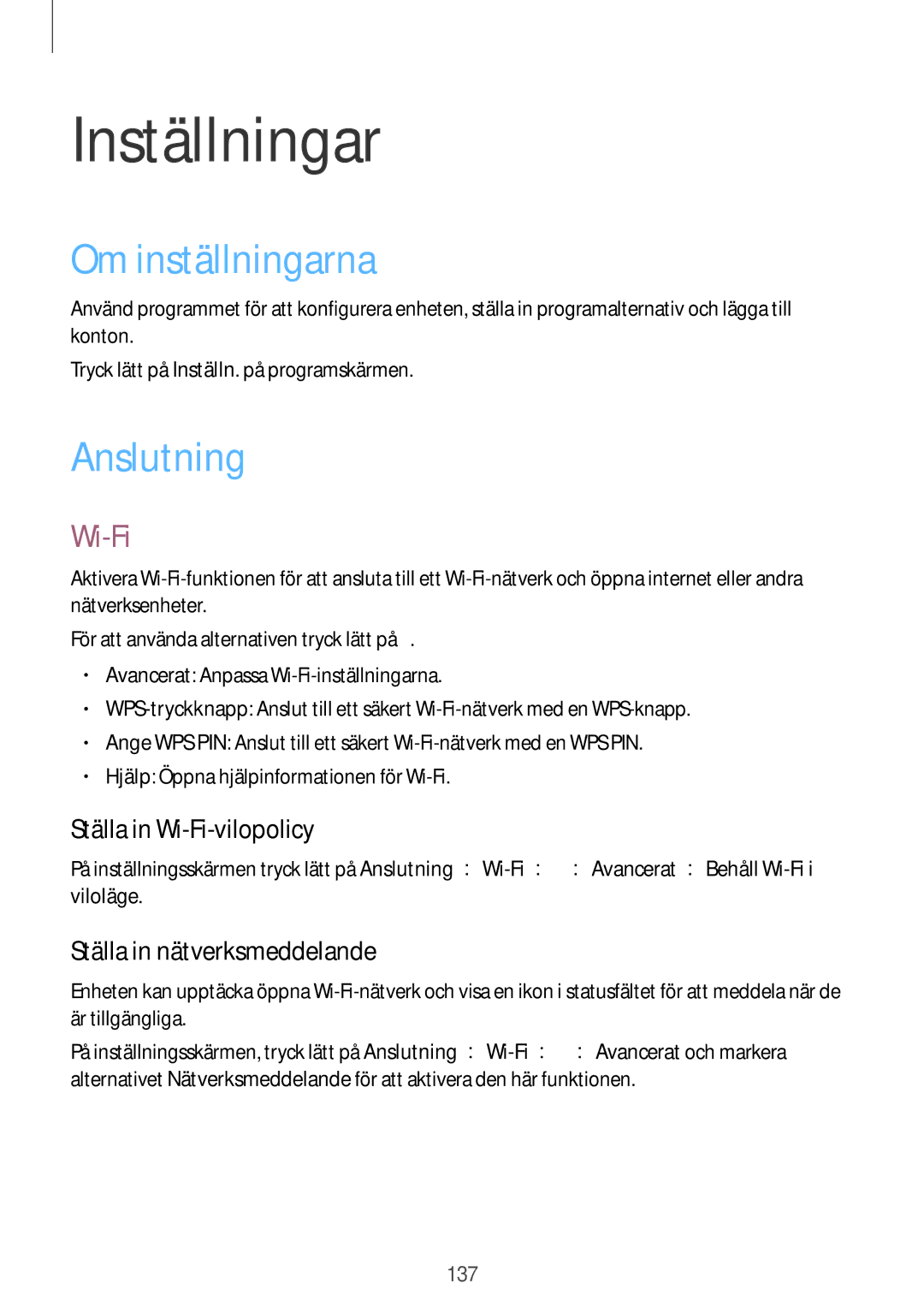 Samsung SM-P9000ZWYNEE, SM-P9000ZKYNEE, SM-P9000ZKANEE, SM-P9000ZWANEE Inställningar, Om inställningarna, Anslutning, Wi-Fi 