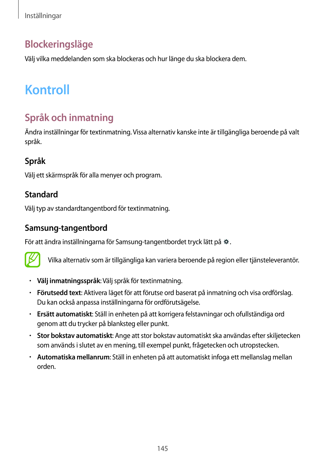 Samsung SM-P9000ZWYNEE, SM-P9000ZKYNEE, SM-P9000ZKANEE, SM-P9000ZWANEE manual Kontroll, Blockeringsläge, Språk och inmatning 