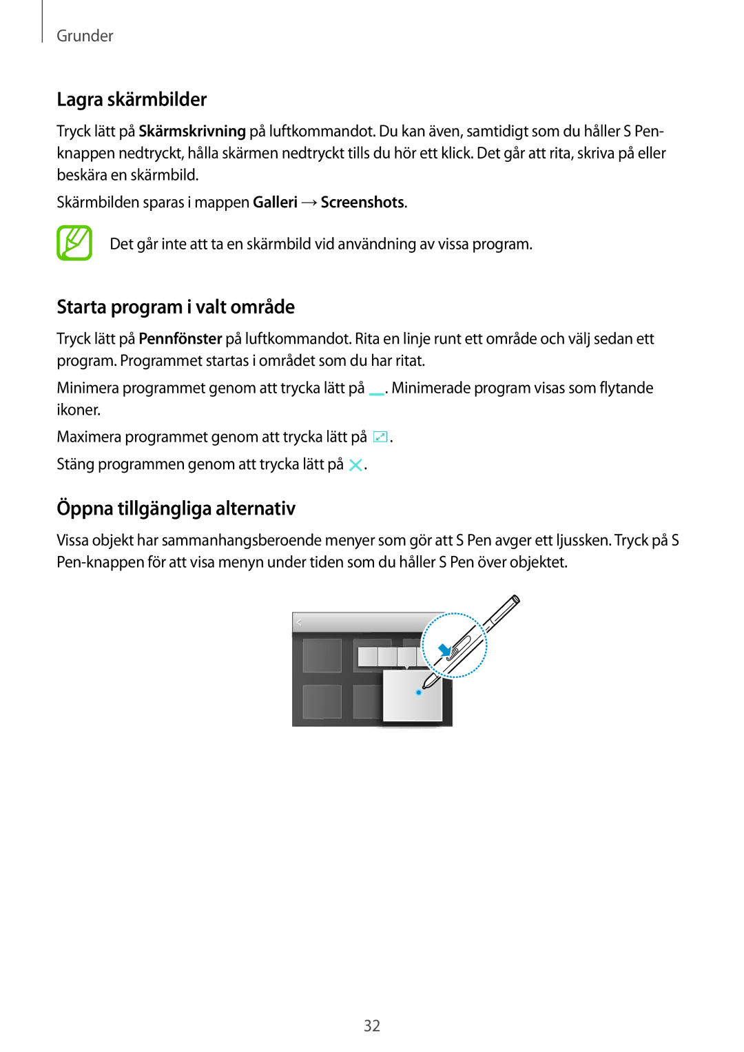 Samsung SM-P9000ZKYNEE, SM-P9000ZWYNEE manual Lagra skärmbilder, Starta program i valt område, Öppna tillgängliga alternativ 