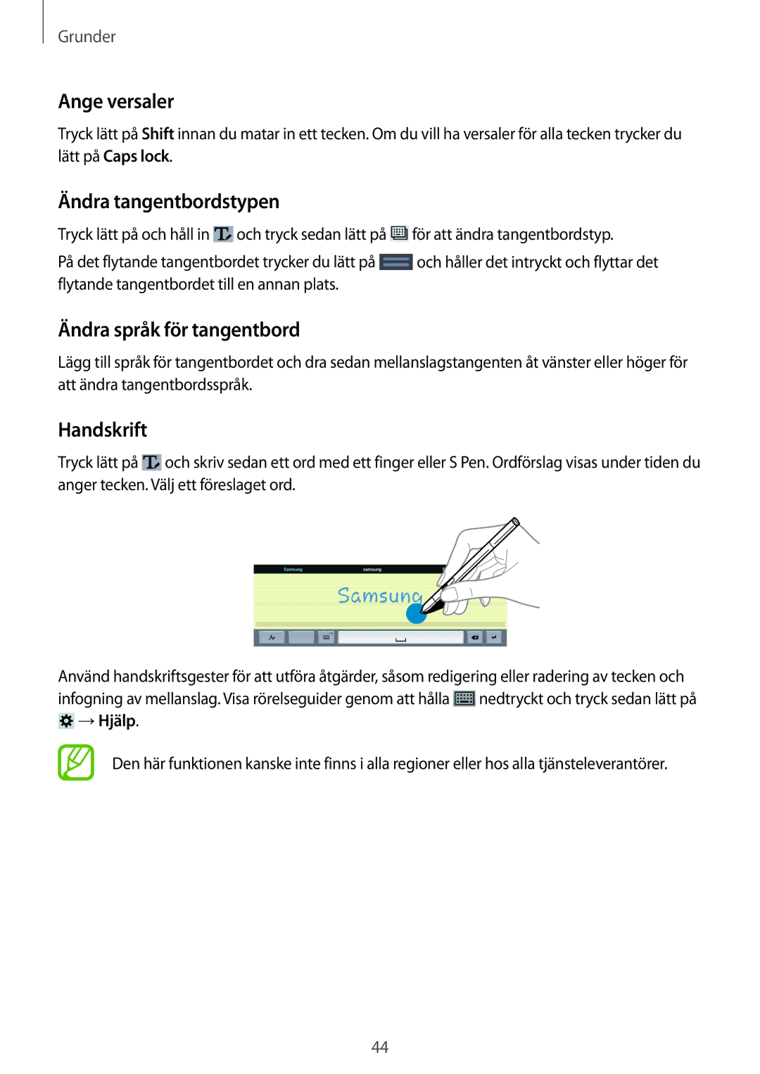 Samsung SM-P9000ZKYNEE, SM-P9000ZWYNEE Ange versaler, Ändra tangentbordstypen, Ändra språk för tangentbord, Handskrift 