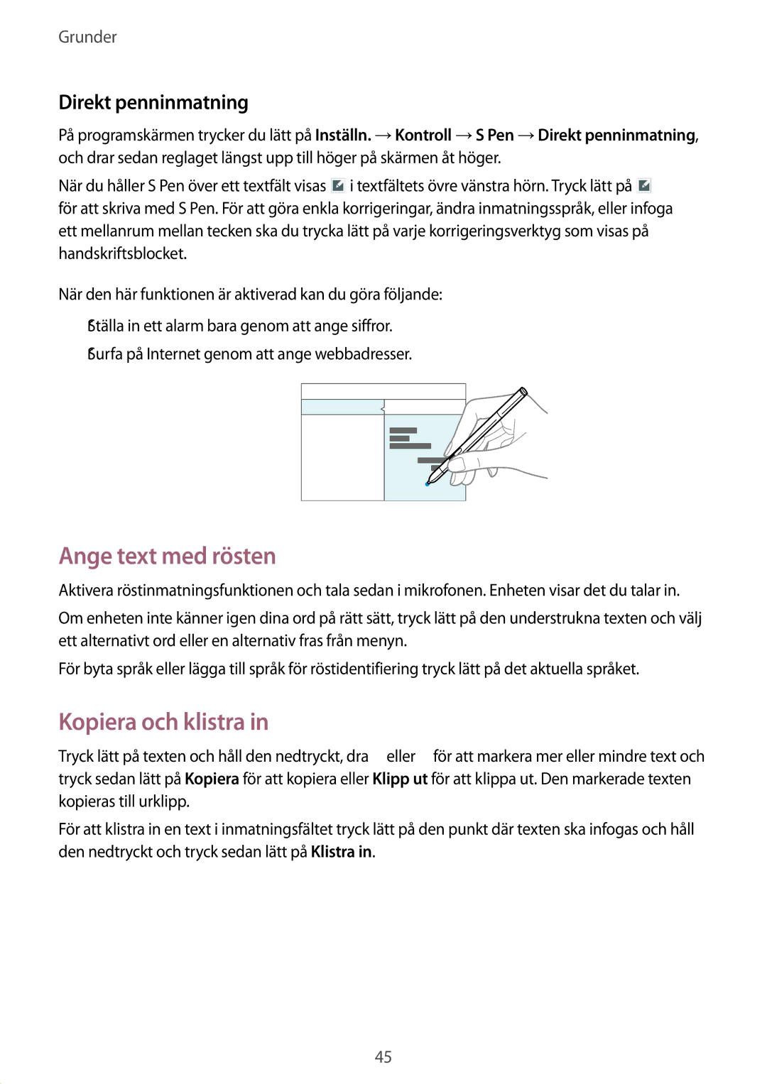 Samsung SM-P9000ZWYNEE, SM-P9000ZKYNEE, SM-P9000ZKANEE manual Ange text med rösten, Kopiera och klistra, Direkt penninmatning 